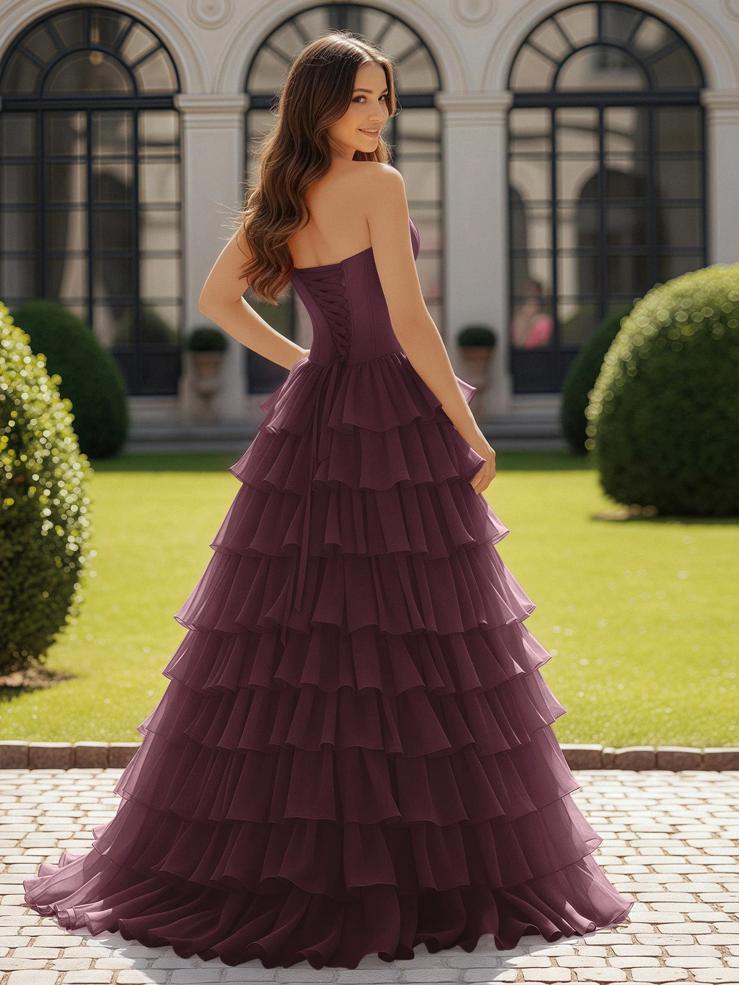 Trägerlos Chiffon Rüschen mit Schleife Ballkleid Cabernet - Image 2