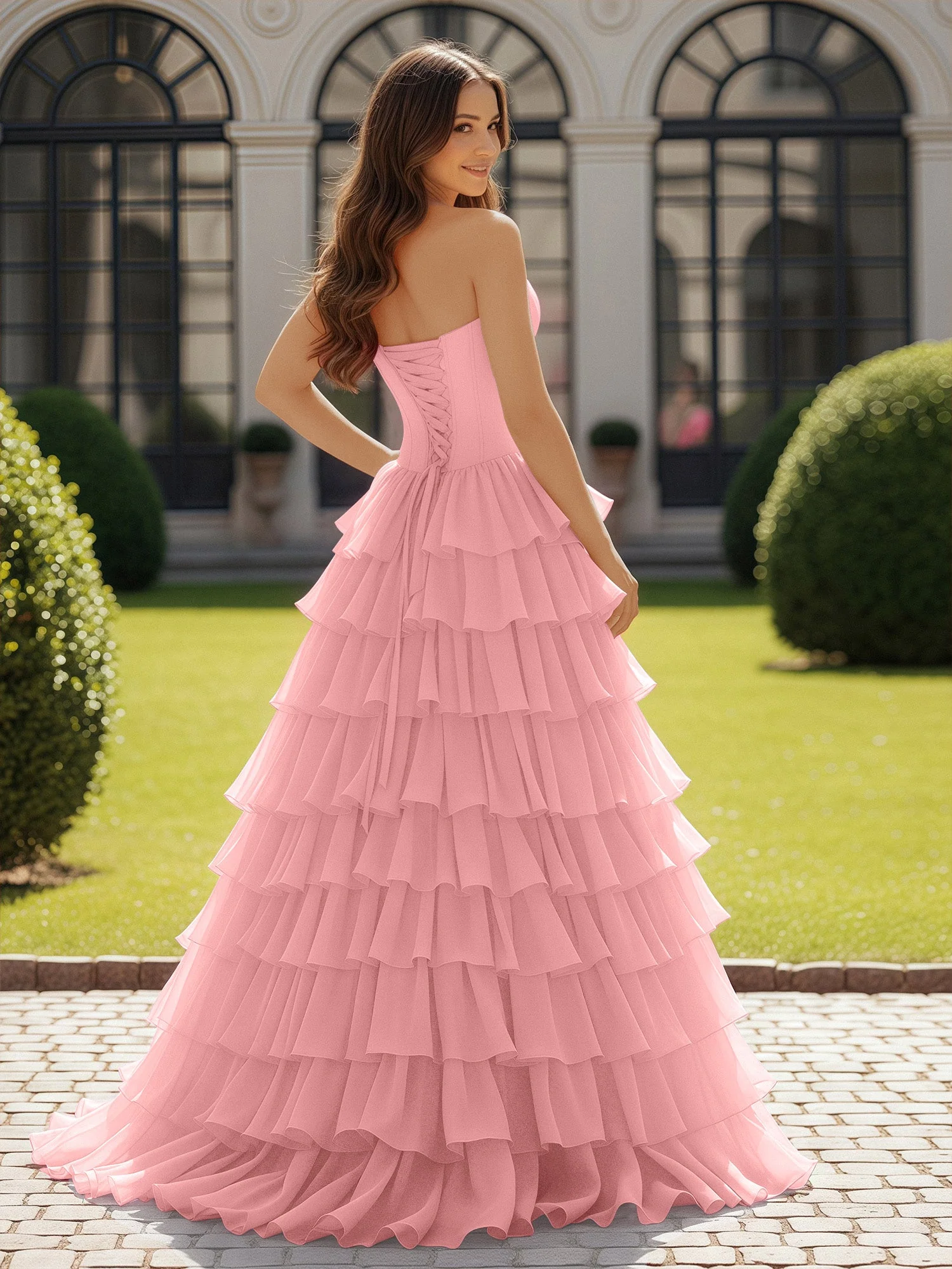 Trägerlos Chiffon Rüschen mit Schleife Ballkleid Flamingo - Image 2