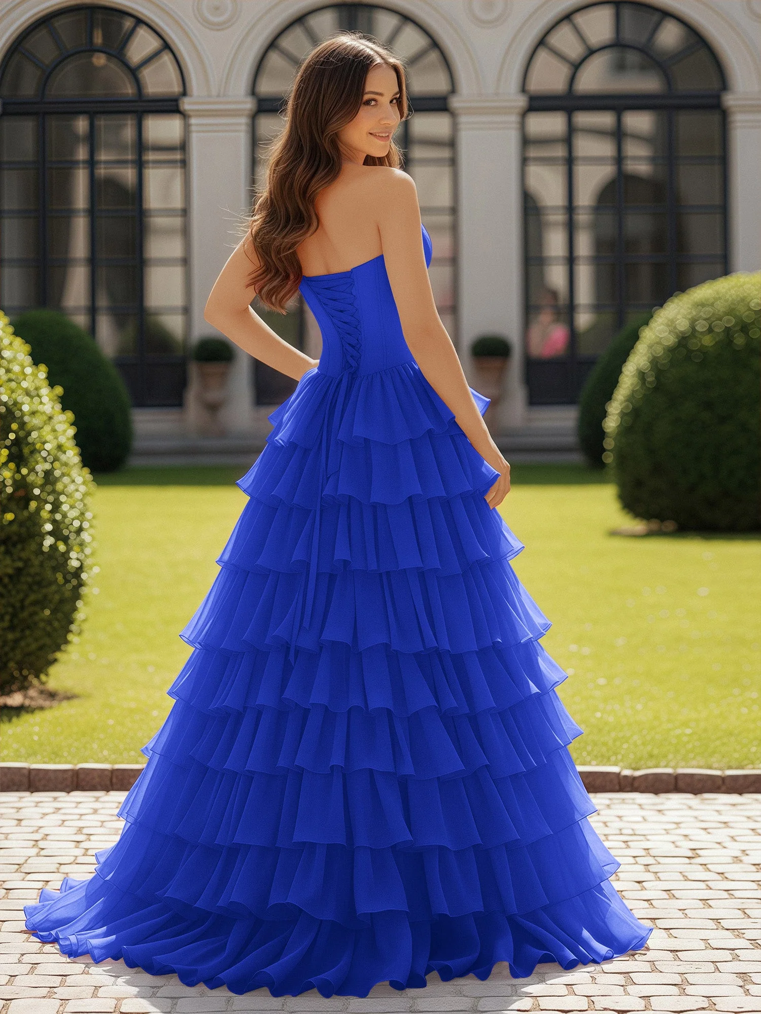Trägerlos Chiffon Rüschen mit Schleife Ballkleid Königsblau - Image 2