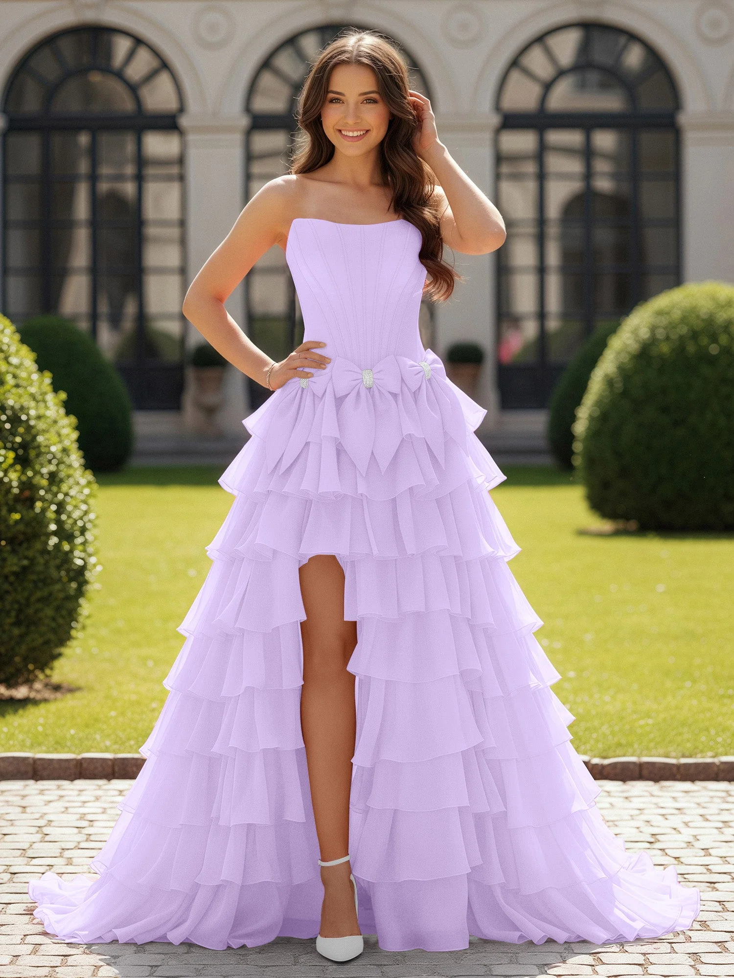 Trägerlos Chiffon Rüschen mit Schleife Ballkleid Lila
