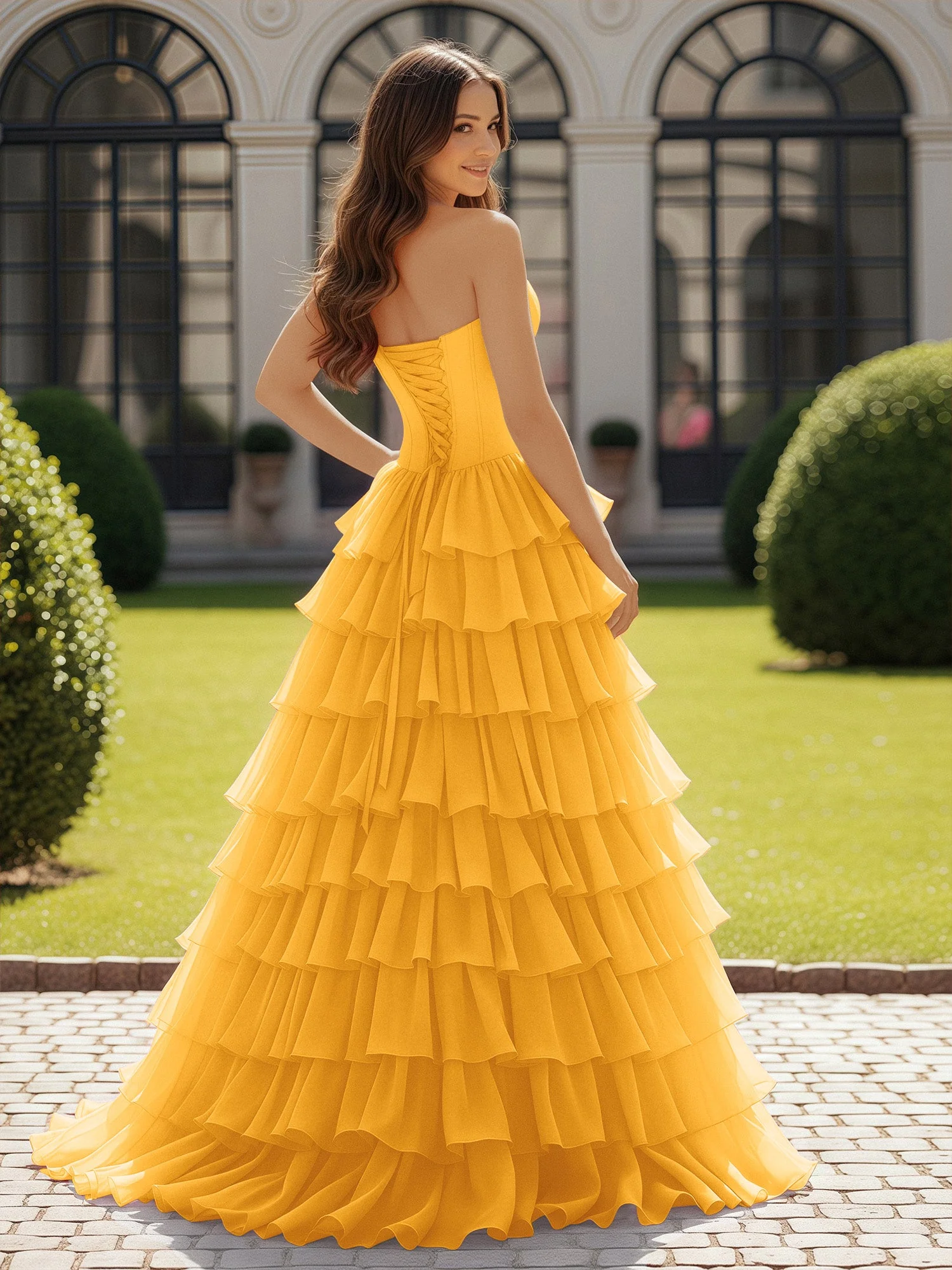 Trägerlos Chiffon Rüschen mit Schleife Ballkleid Mandarine - Image 2