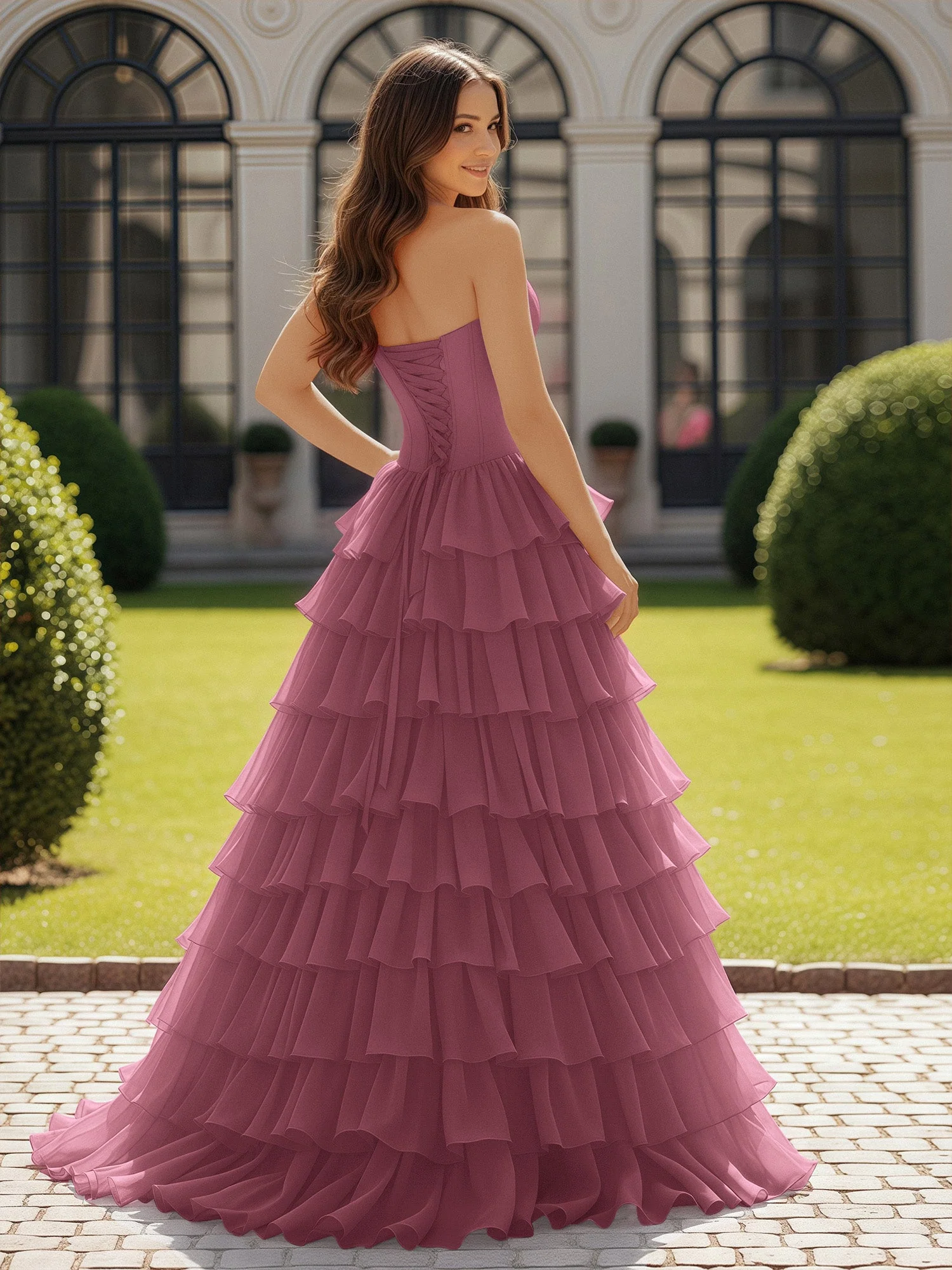 Trägerlos Chiffon Rüschen mit Schleife Ballkleid Maulbeere - Image 2
