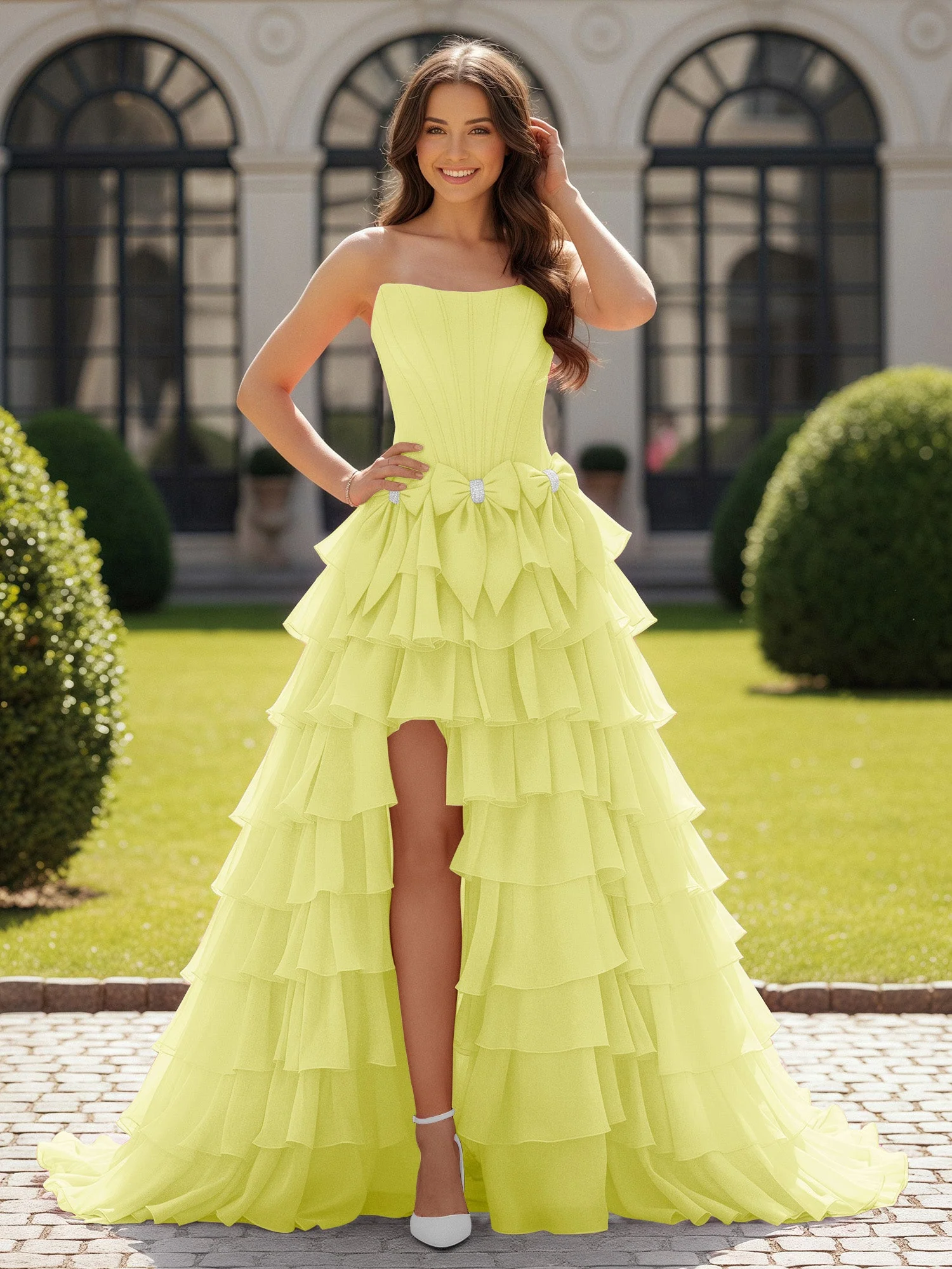 Trägerlos Chiffon Rüschen mit Schleife Ballkleid Narzisse