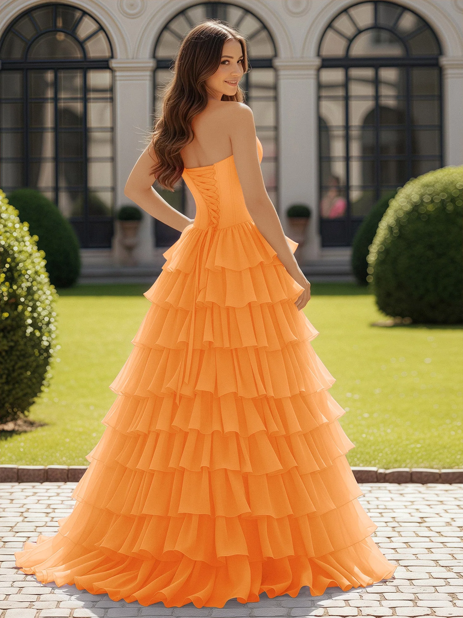 Trägerlos Chiffon Rüschen mit Schleife Ballkleid Orange - Image 2