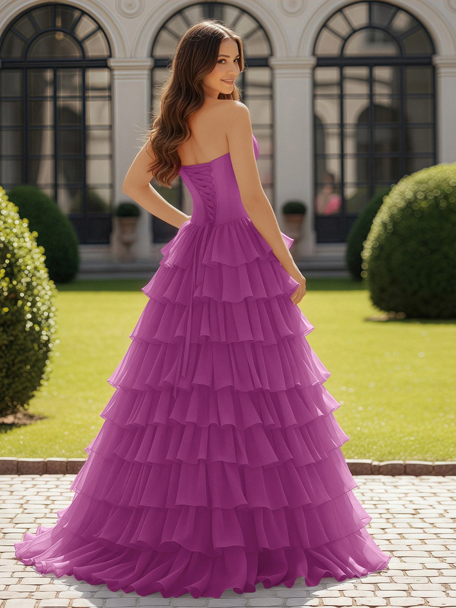 Trägerlos Chiffon Rüschen mit Schleife Ballkleid Orchidee - Image 2