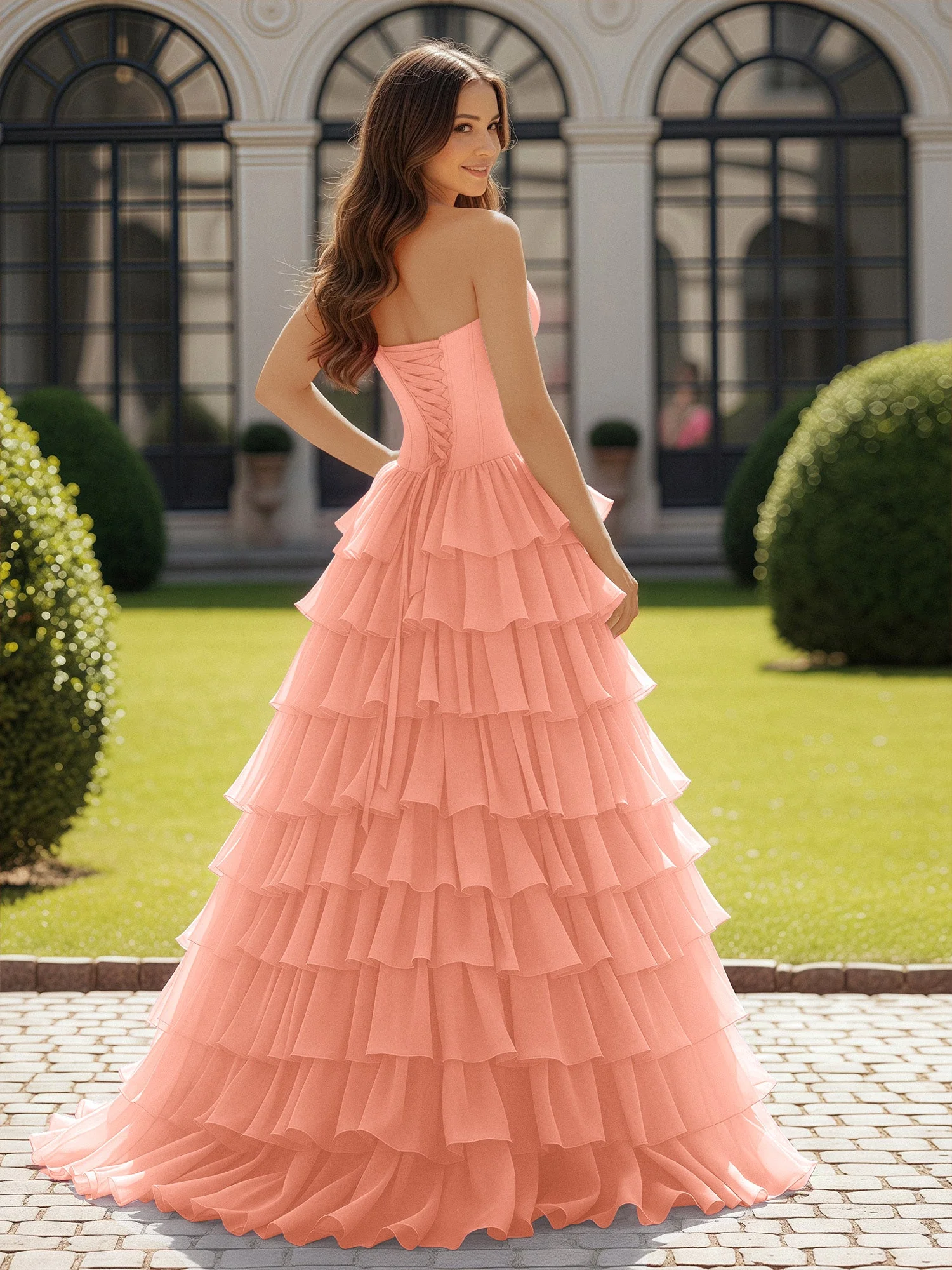 Trägerlos Chiffon Rüschen mit Schleife Ballkleid Papaya - Image 2