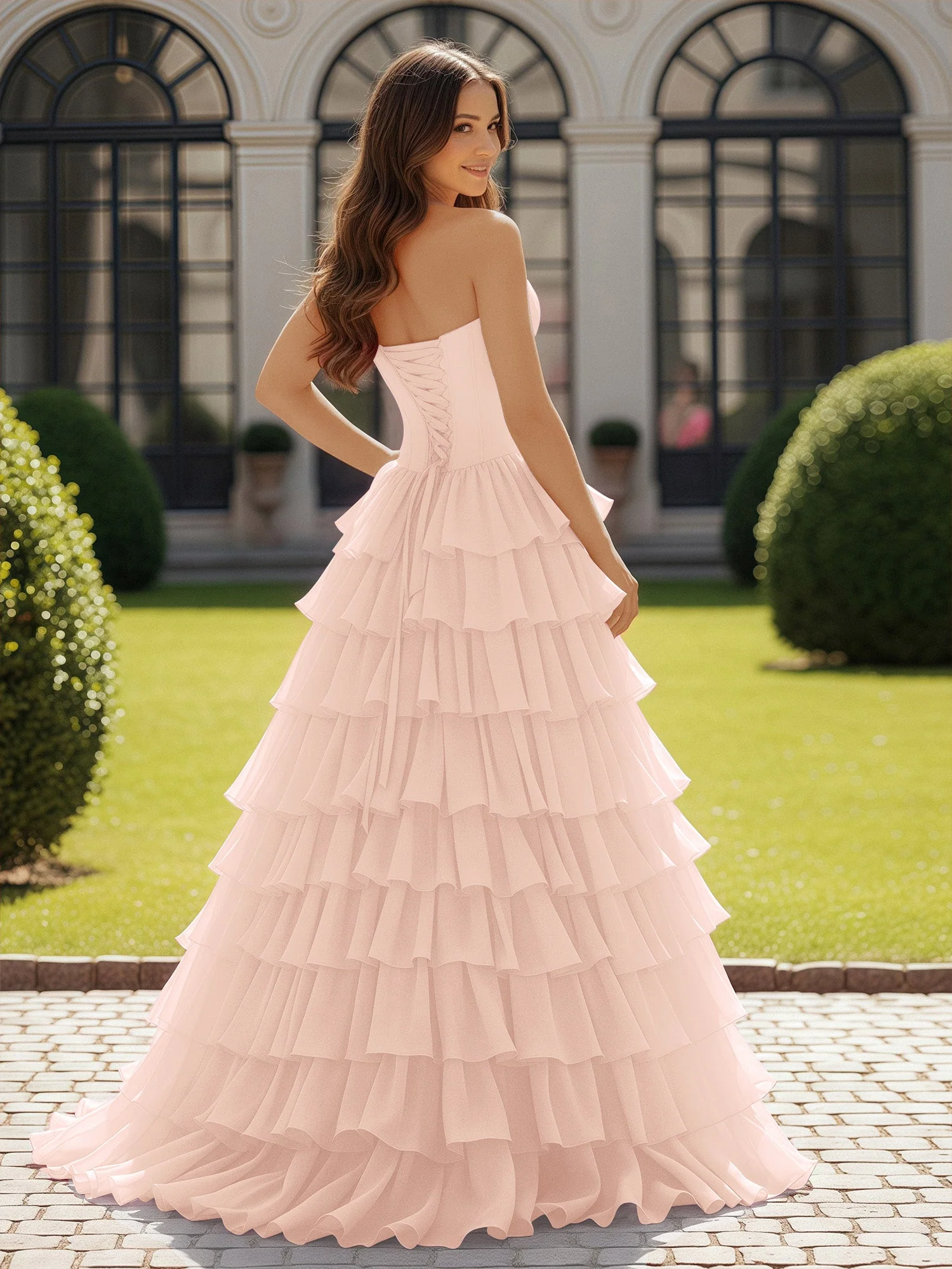 Trägerlos Chiffon Rüschen mit Schleife Ballkleid Perlrosa - Image 2