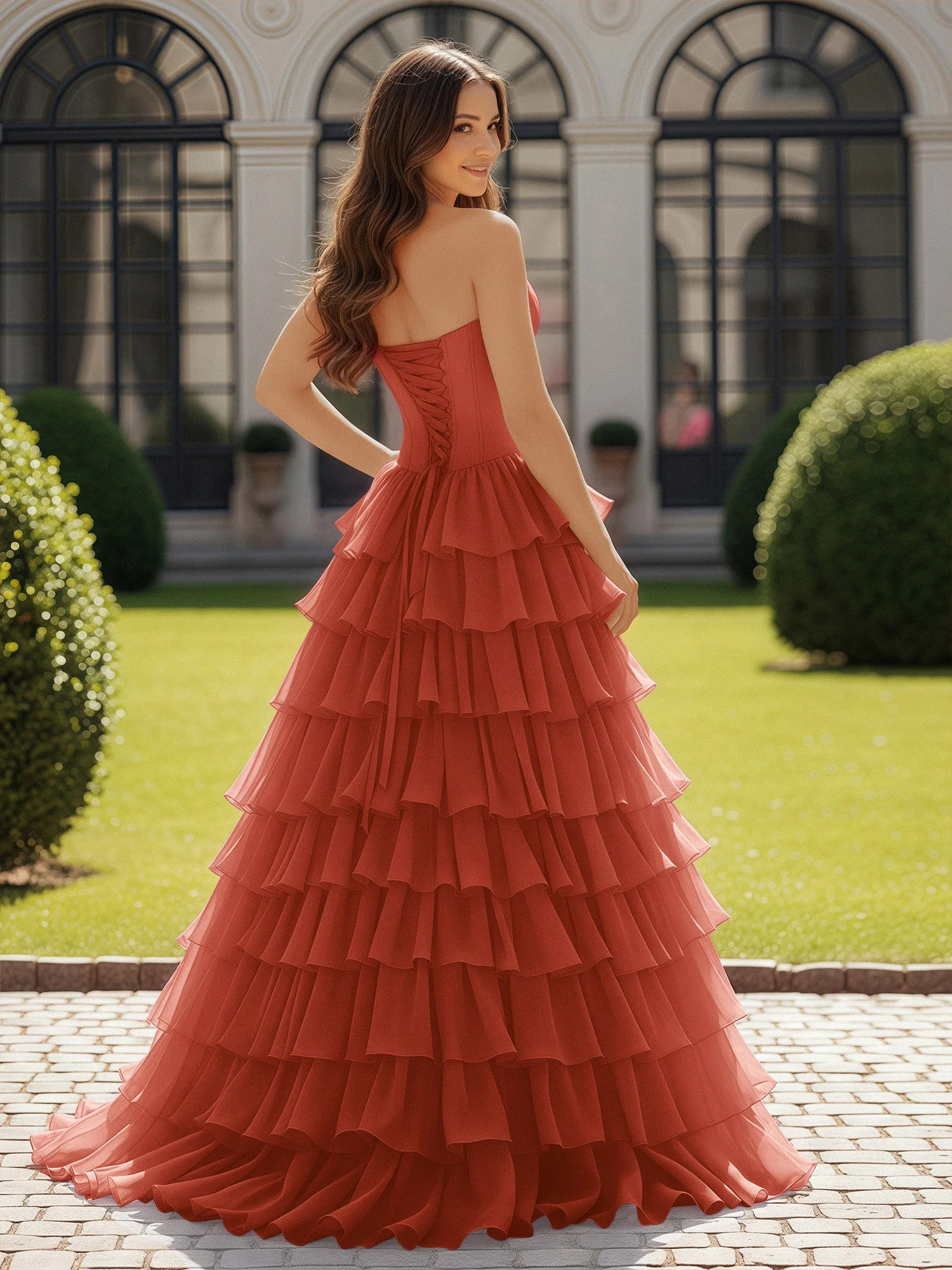 Trägerlos Chiffon Rüschen mit Schleife Ballkleid Rost - Image 2