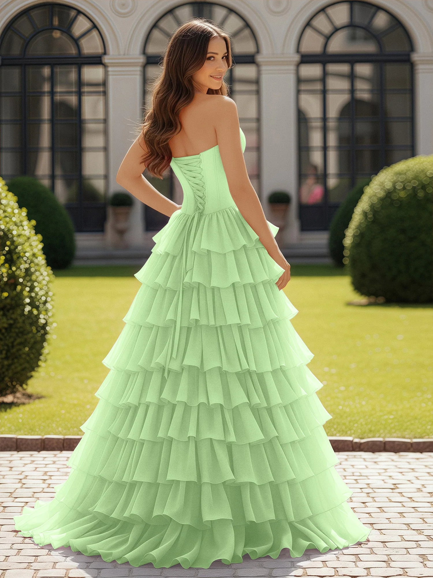 Trägerlos Chiffon Rüschen mit Schleife Ballkleid Salbei - Image 2