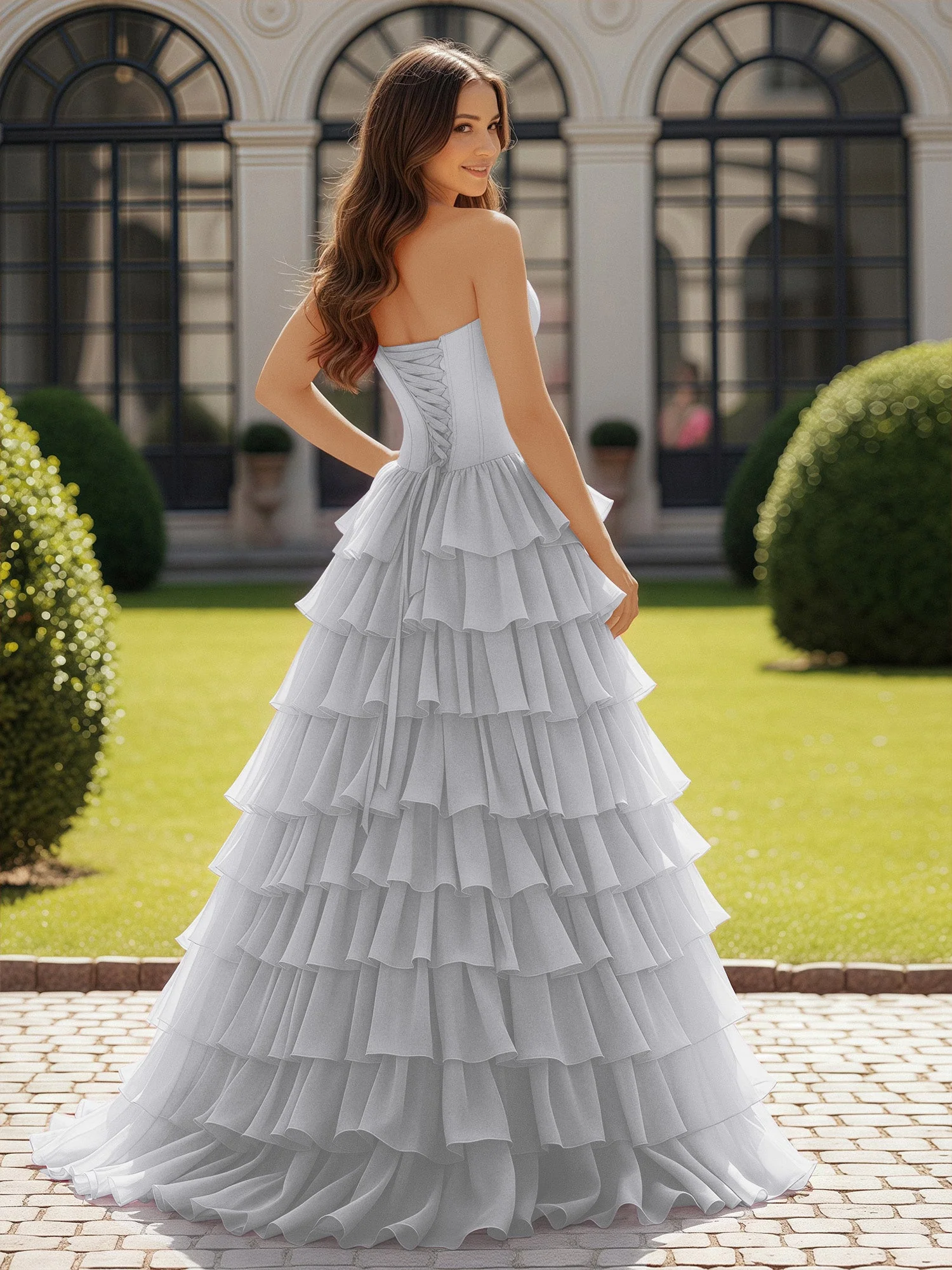 Trägerlos Chiffon Rüschen mit Schleife Ballkleid Silber - Image 2