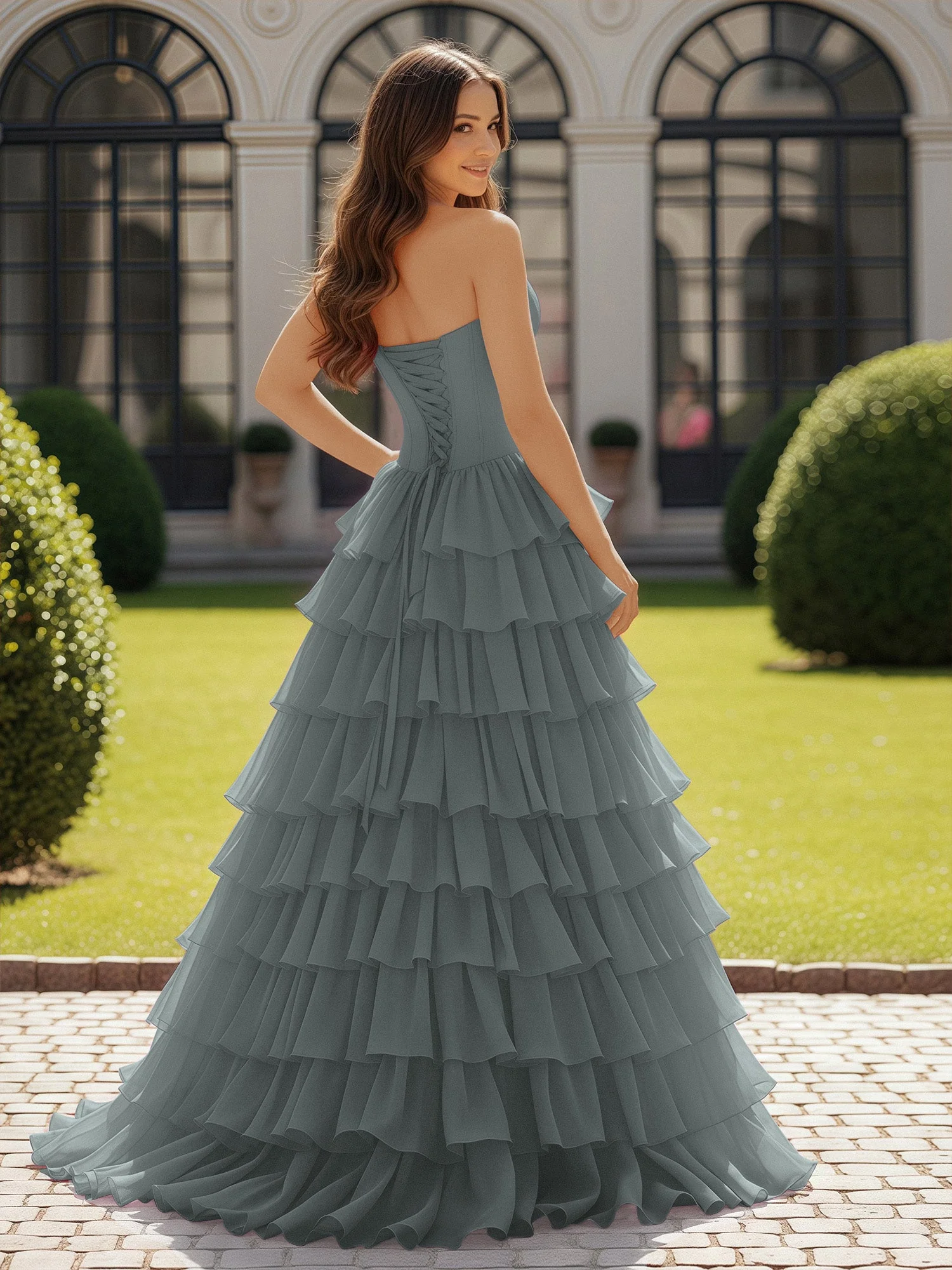 Trägerlos Chiffon Rüschen mit Schleife Ballkleid Stahlgrau - Image 2