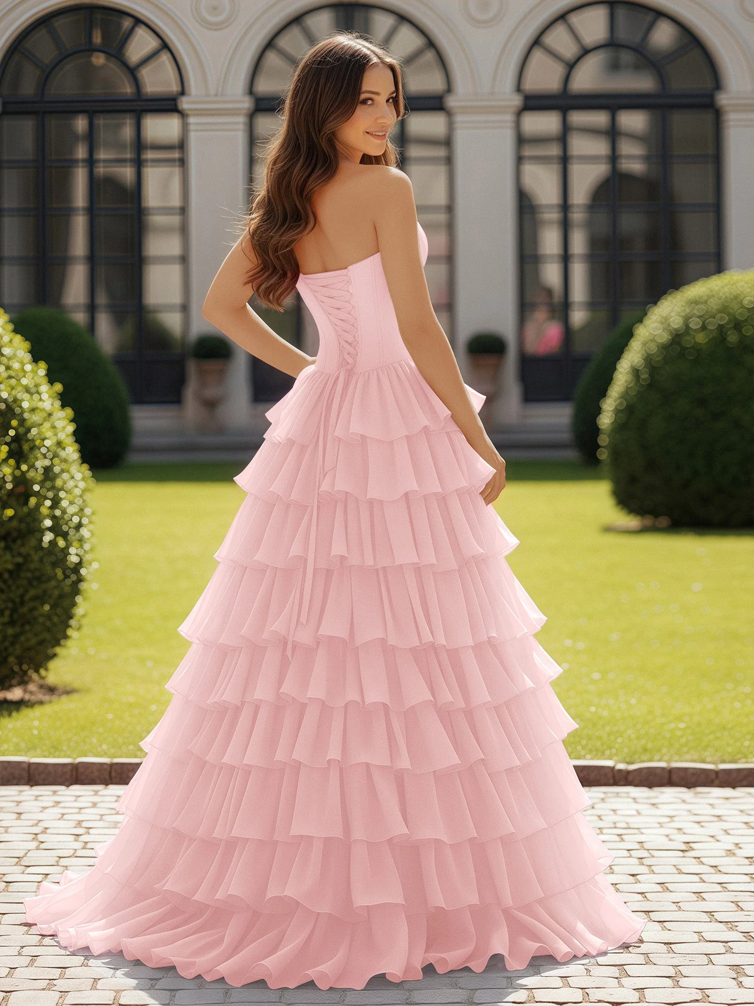 Trägerlos Chiffon Rüschen mit Schleife Ballkleid Staubige Rosa - Image 2