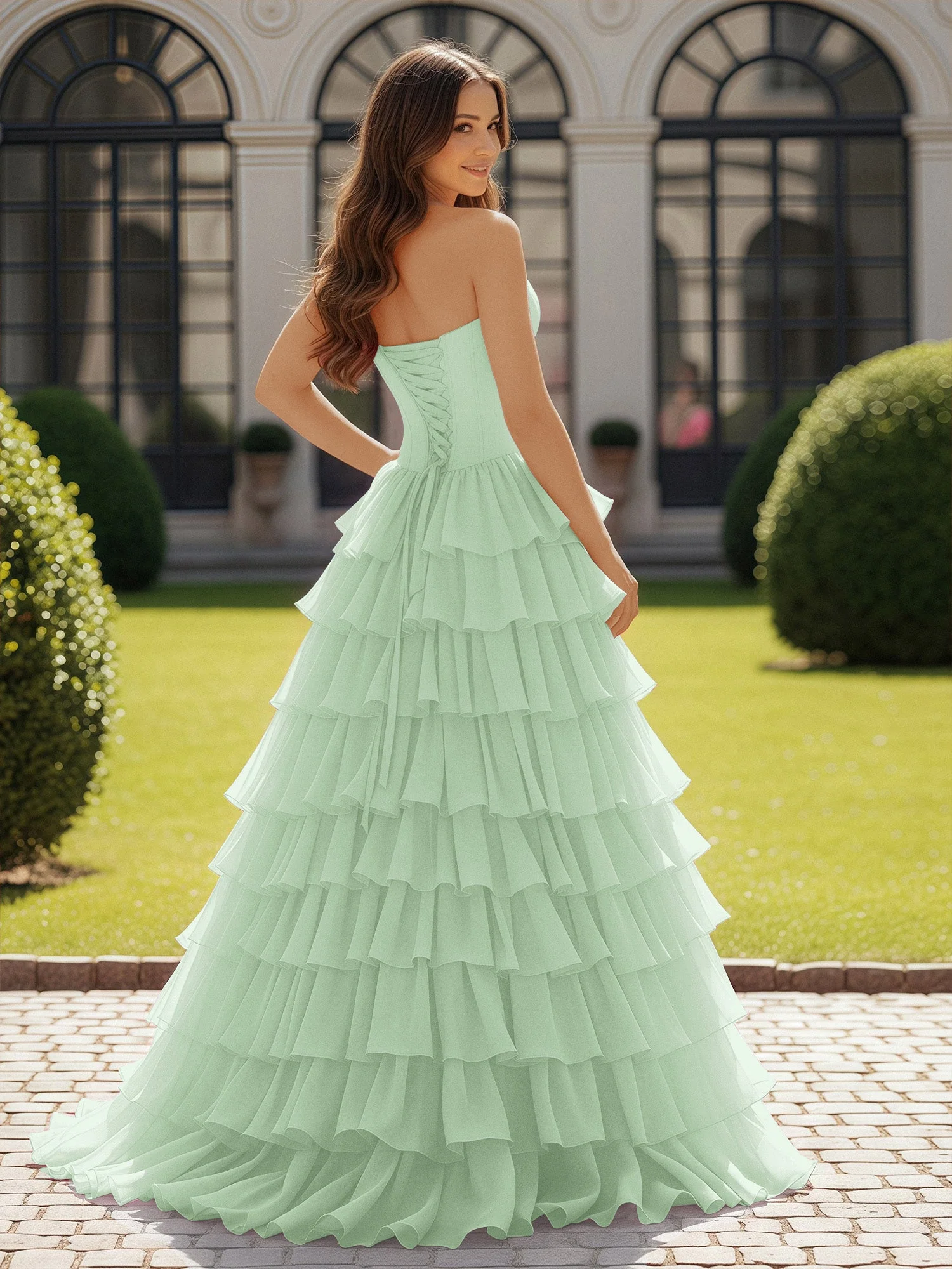 Trägerlos Chiffon Rüschen mit Schleife Ballkleid Staubiges Salbei - Image 2