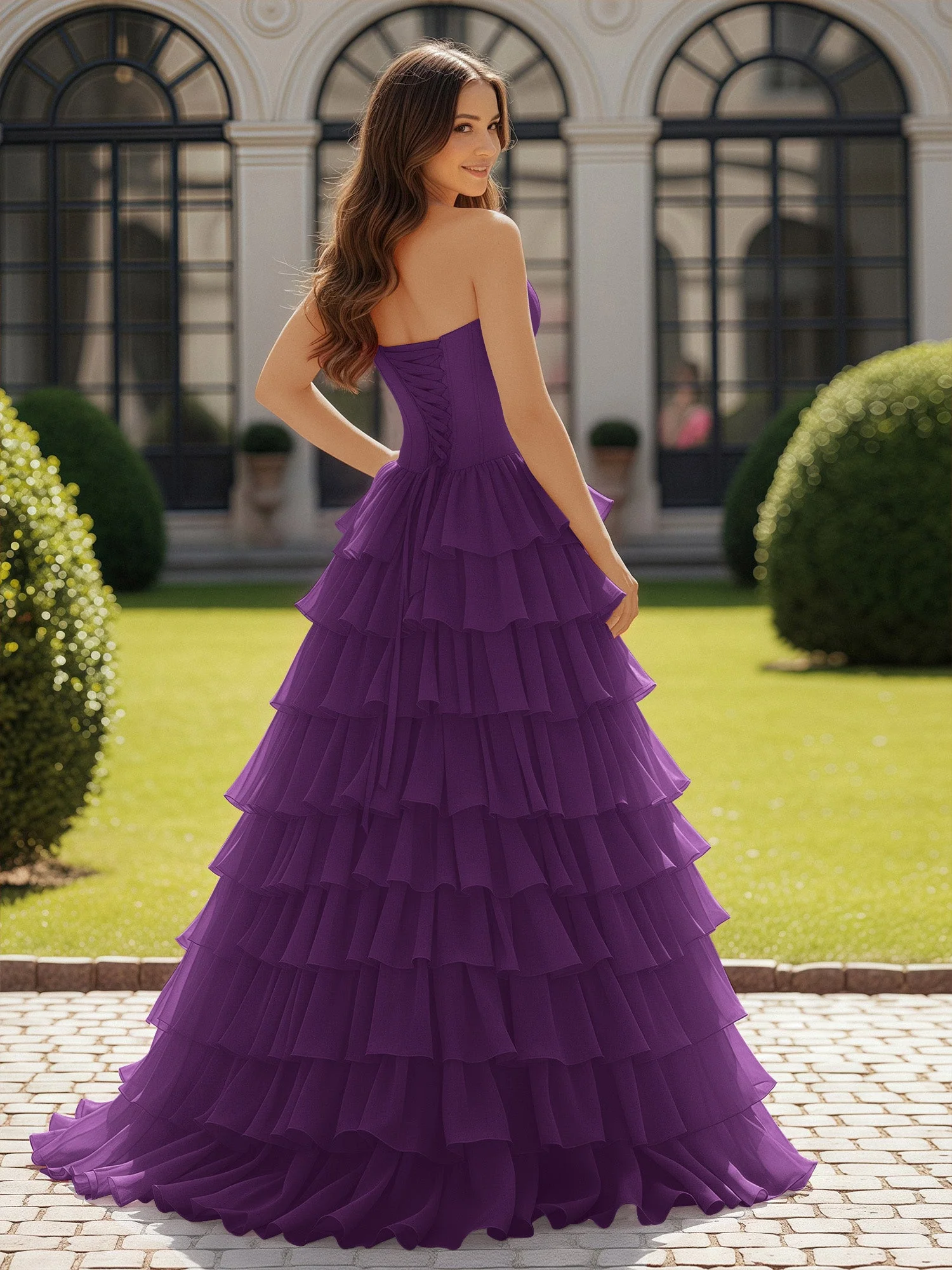 Trägerlos Chiffon Rüschen mit Schleife Ballkleid Traube - Image 2