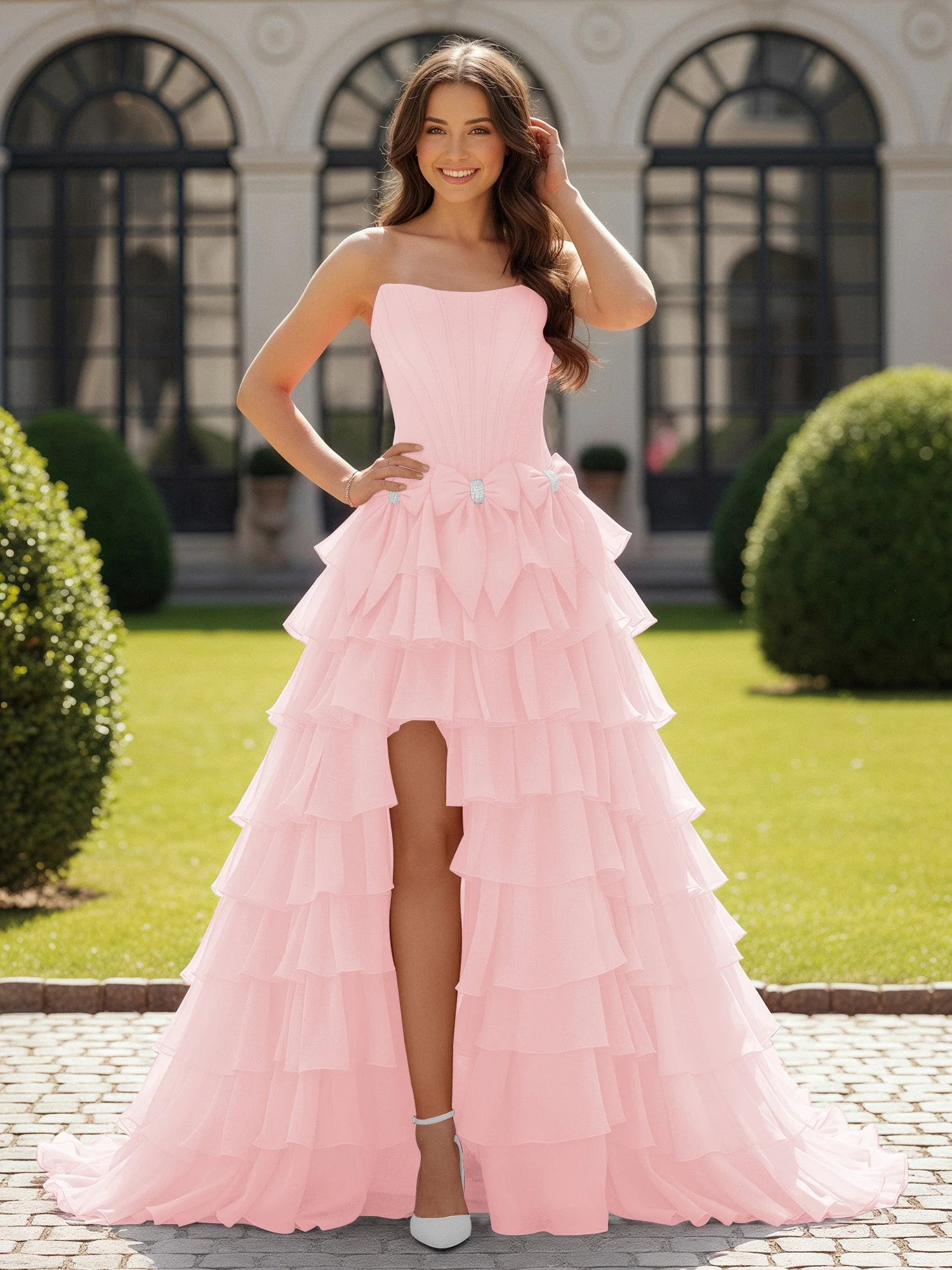 Trägerlos Chiffon Rüschen mit Schleife Ballkleid Zartrosa