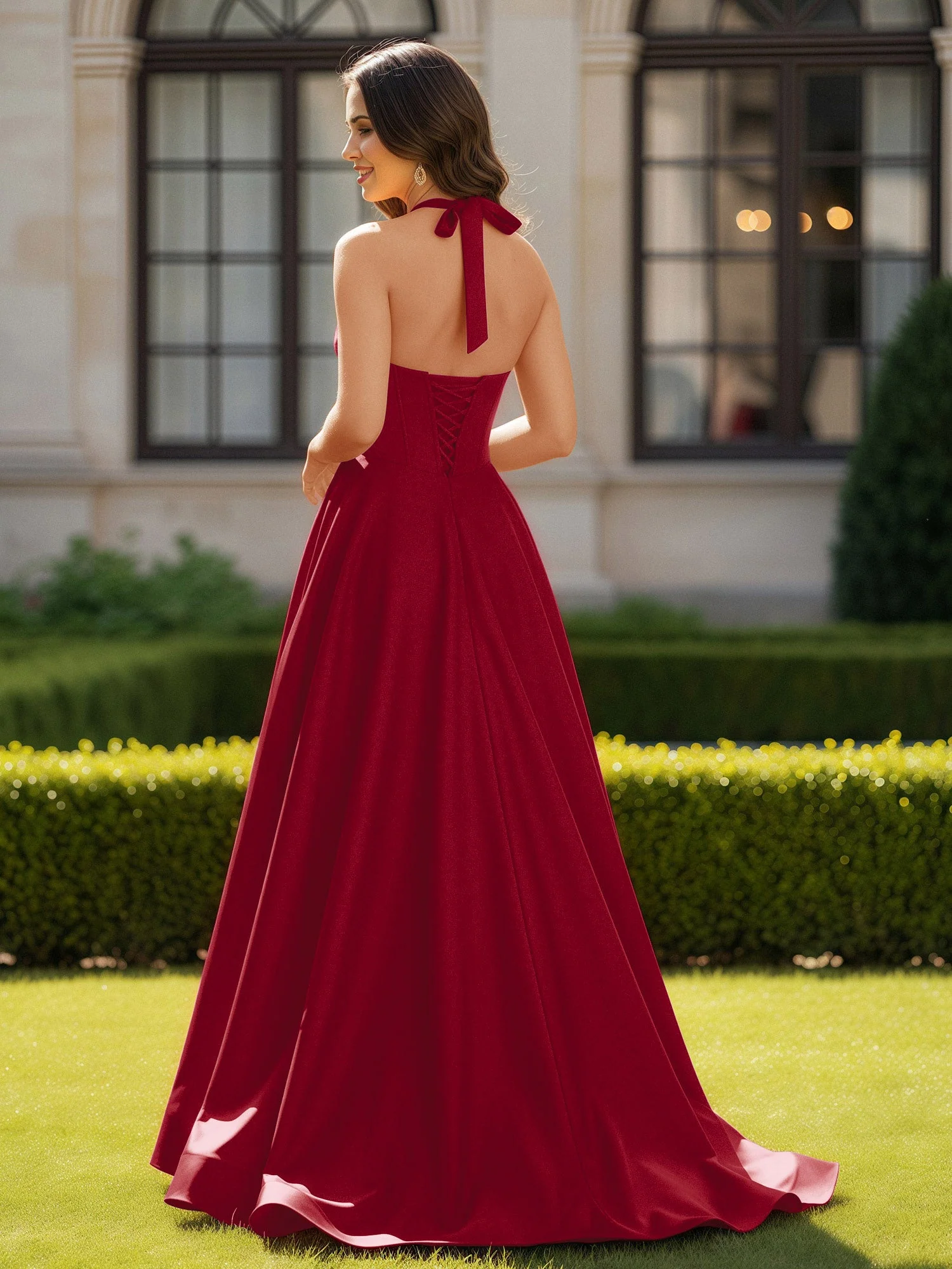 Halshalter Ausschnitt Ärmellos Satin Elegant Ballkleid Burgunderrot - Image 2