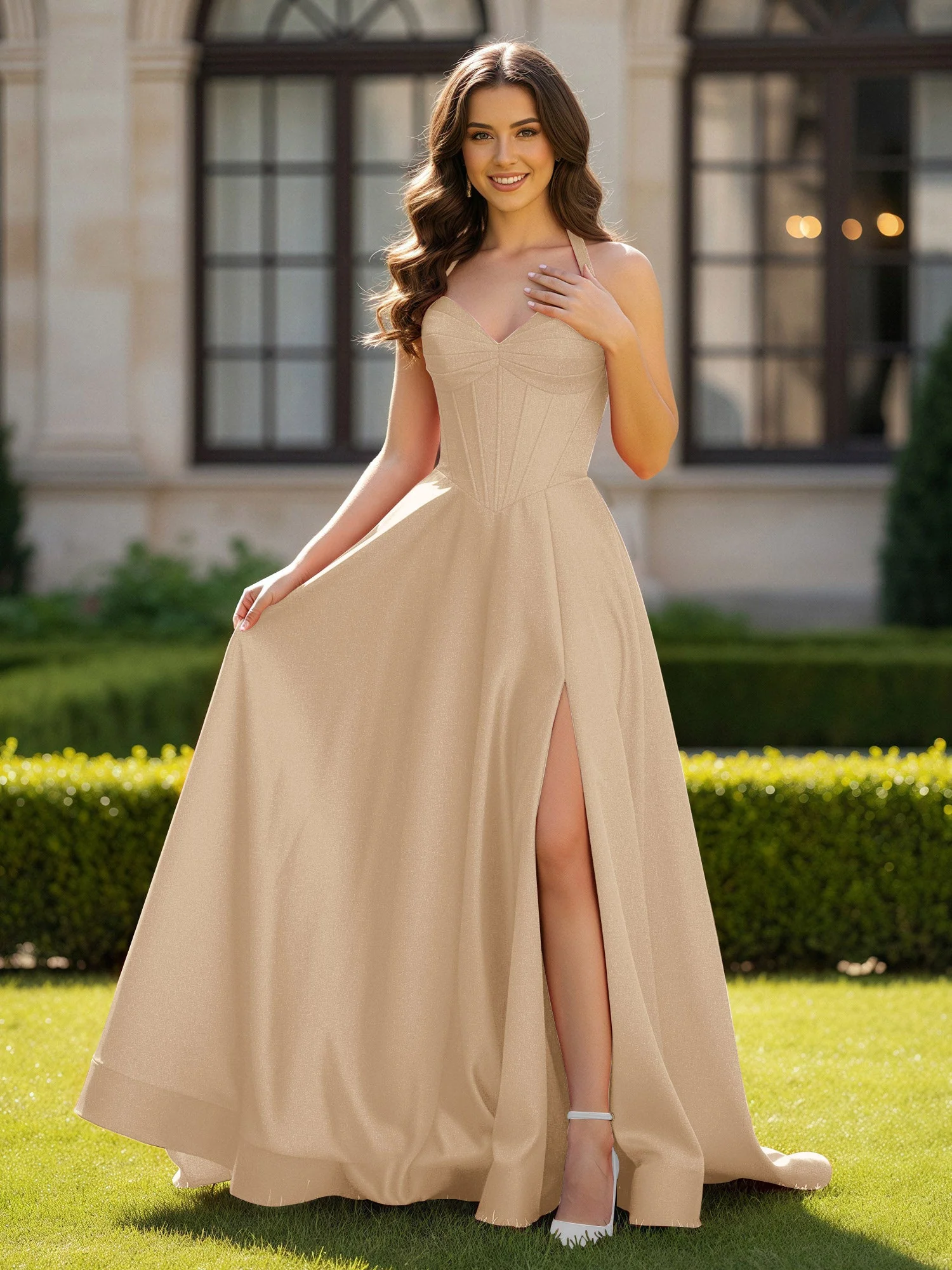 Halshalter Ausschnitt Ärmellos Satin Elegant Ballkleid Champagner