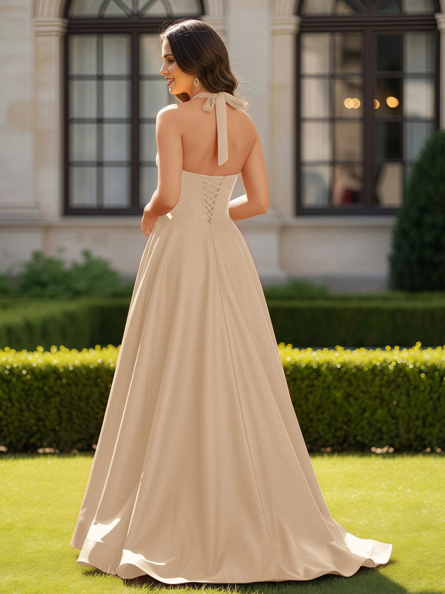Halshalter Ausschnitt Ärmellos Satin Elegant Ballkleid Champagner - Image 2