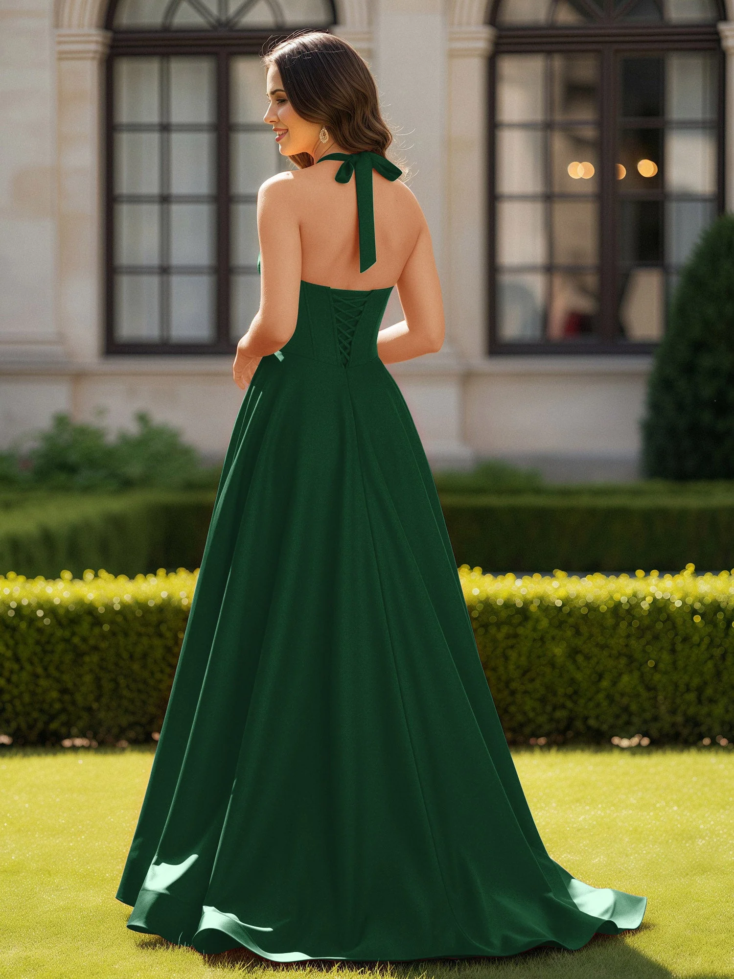 Halshalter Ausschnitt Ärmellos Satin Elegant Ballkleid Dunkelgrün - Image 2