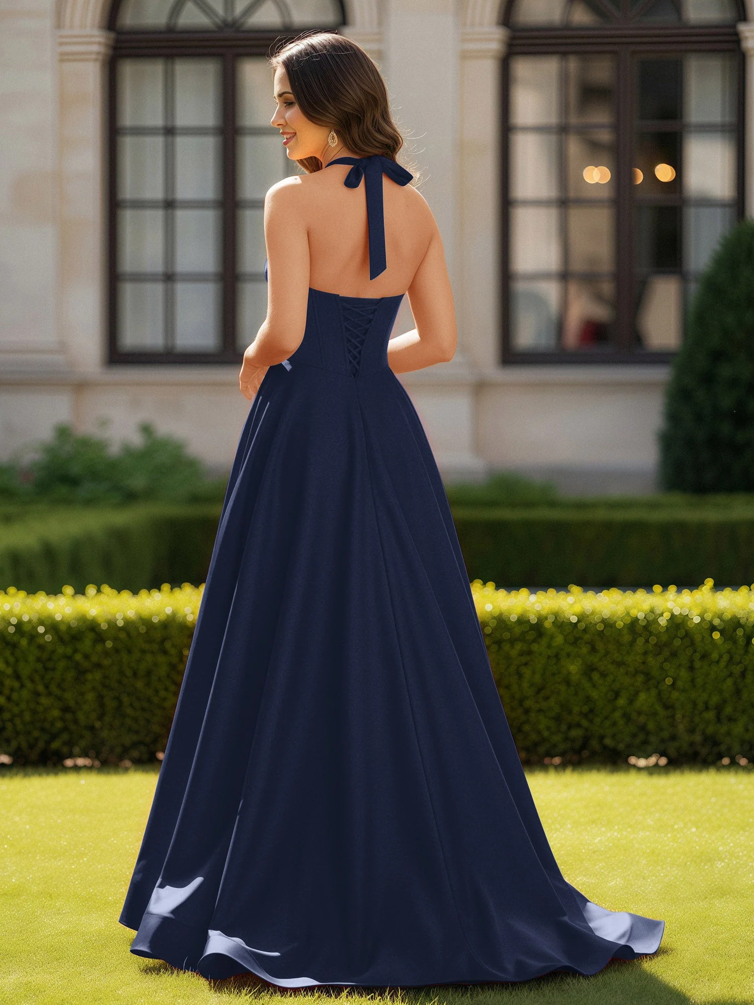 Halshalter Ausschnitt Ärmellos Satin Elegant Ballkleid Dunkelmarine - Image 2