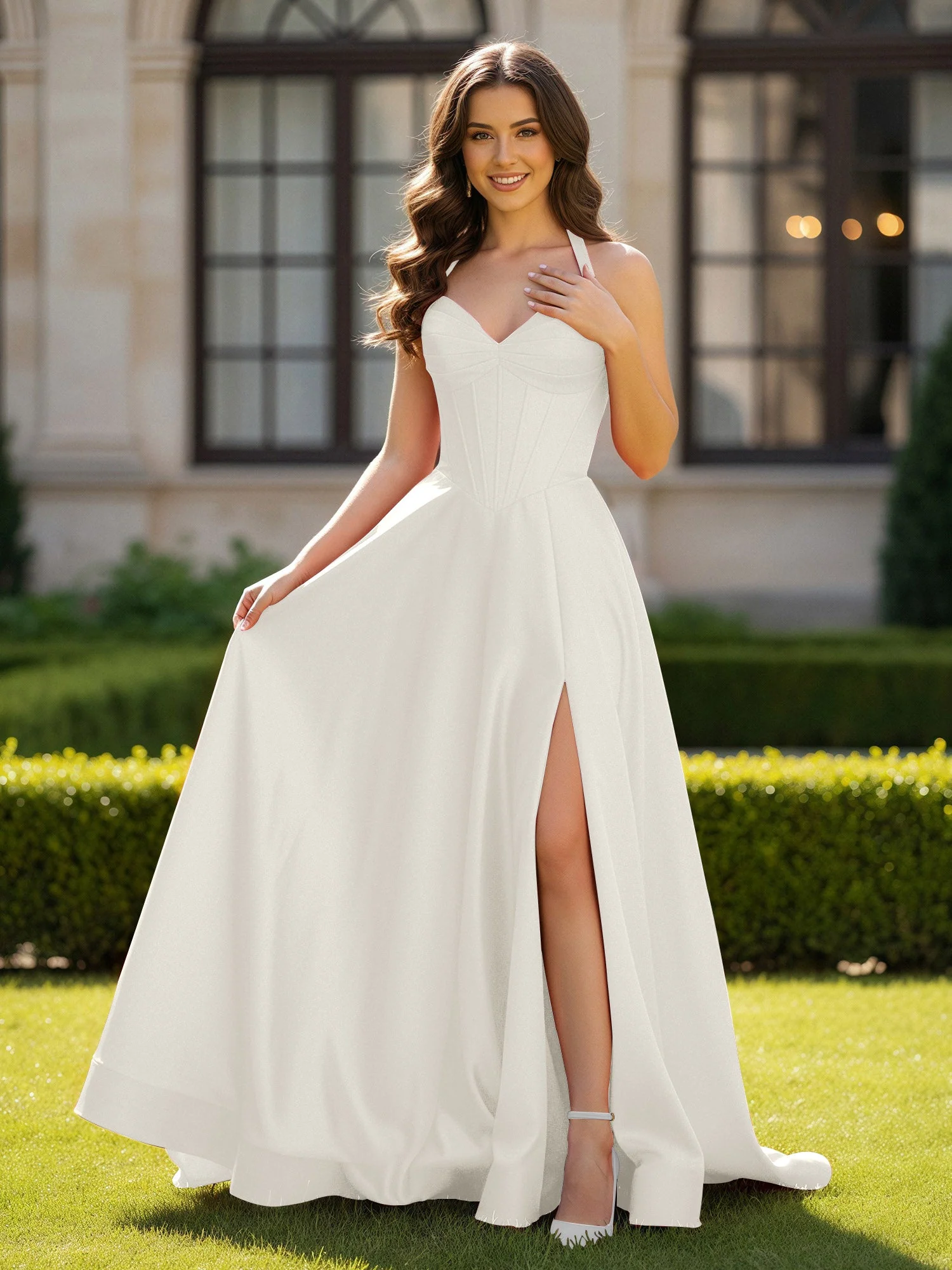 Halshalter Ausschnitt Ärmellos Satin Elegant Ballkleid Elfenbein