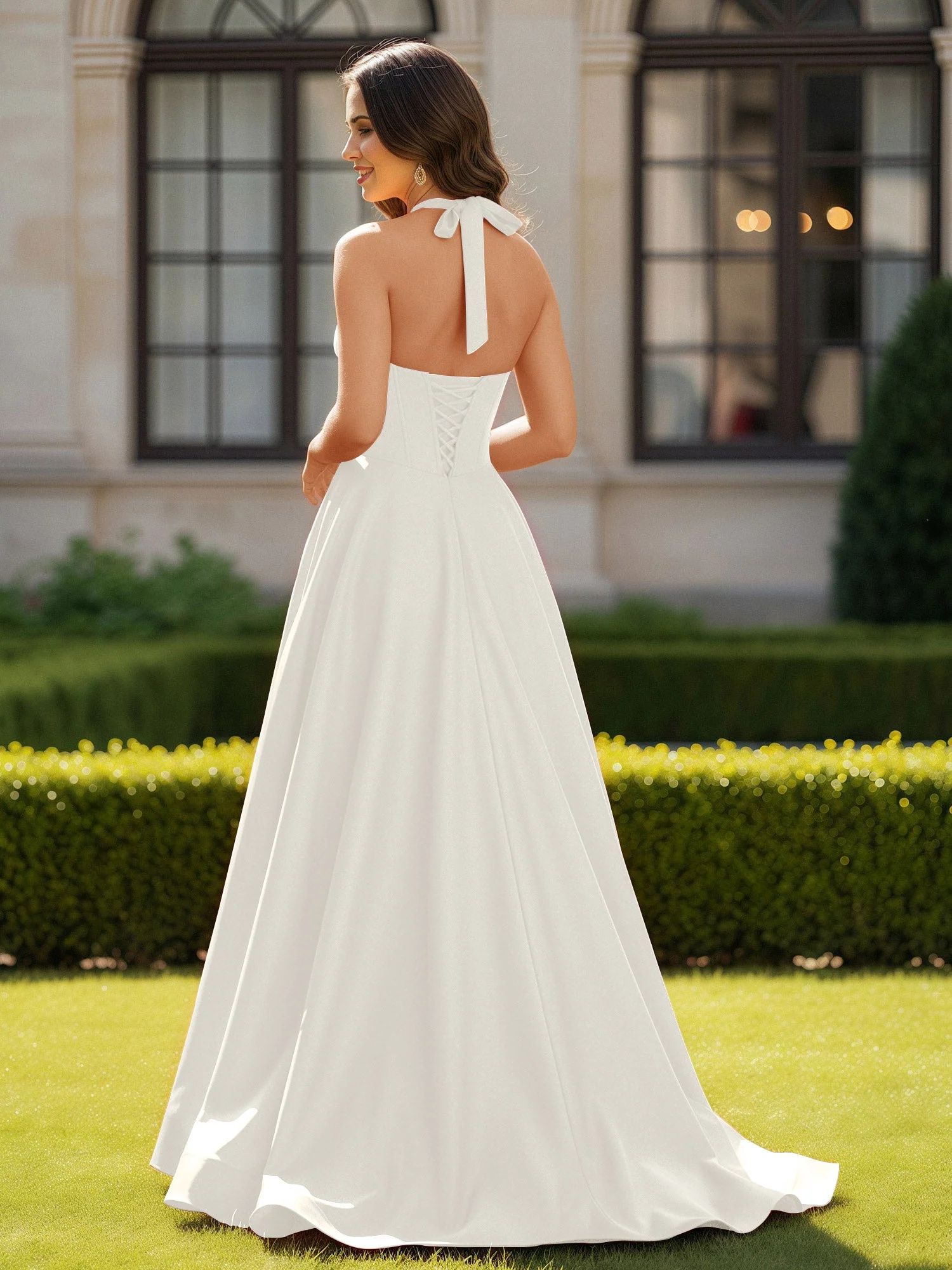 Halshalter Ausschnitt Ärmellos Satin Elegant Ballkleid Elfenbein - Image 2