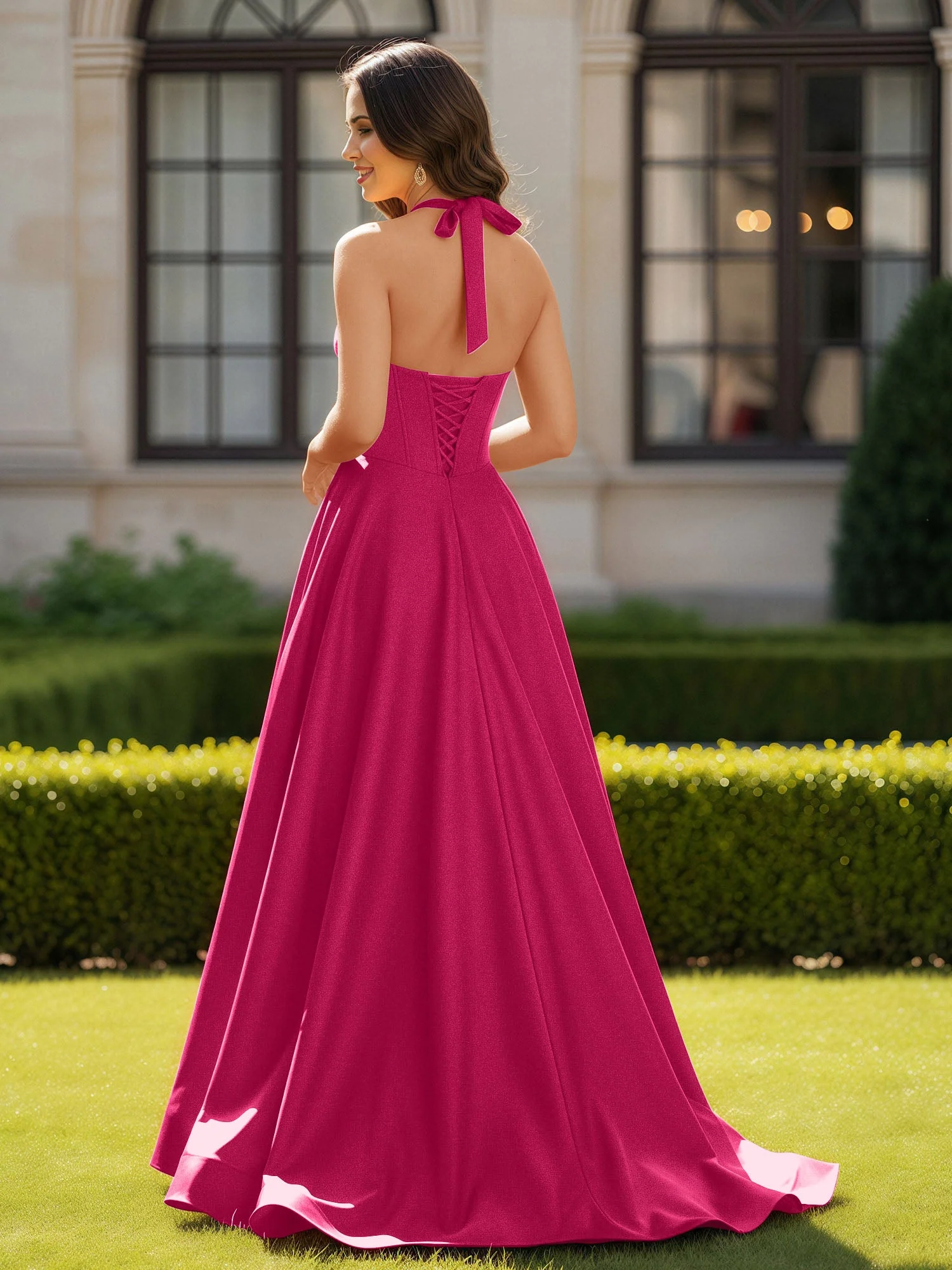 Halshalter Ausschnitt Ärmellos Satin Elegant Ballkleid Fuchsia - Image 2