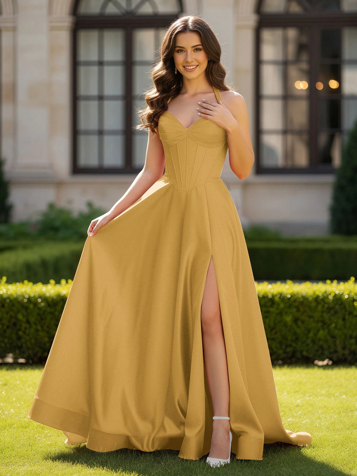 Halshalter Ausschnitt Ärmellos Satin Elegant Ballkleid Gold