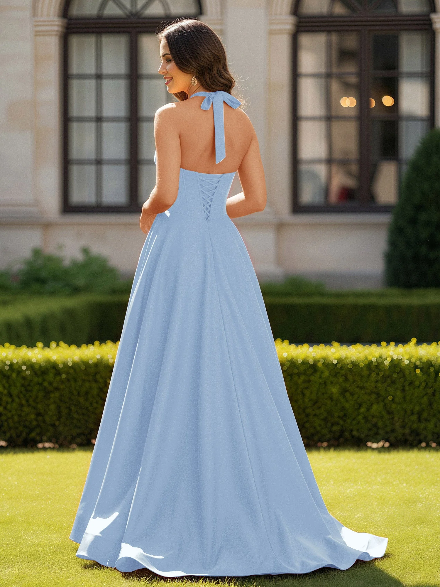 Halshalter Ausschnitt Ärmellos Satin Elegant Ballkleid Himmelblau - Image 2