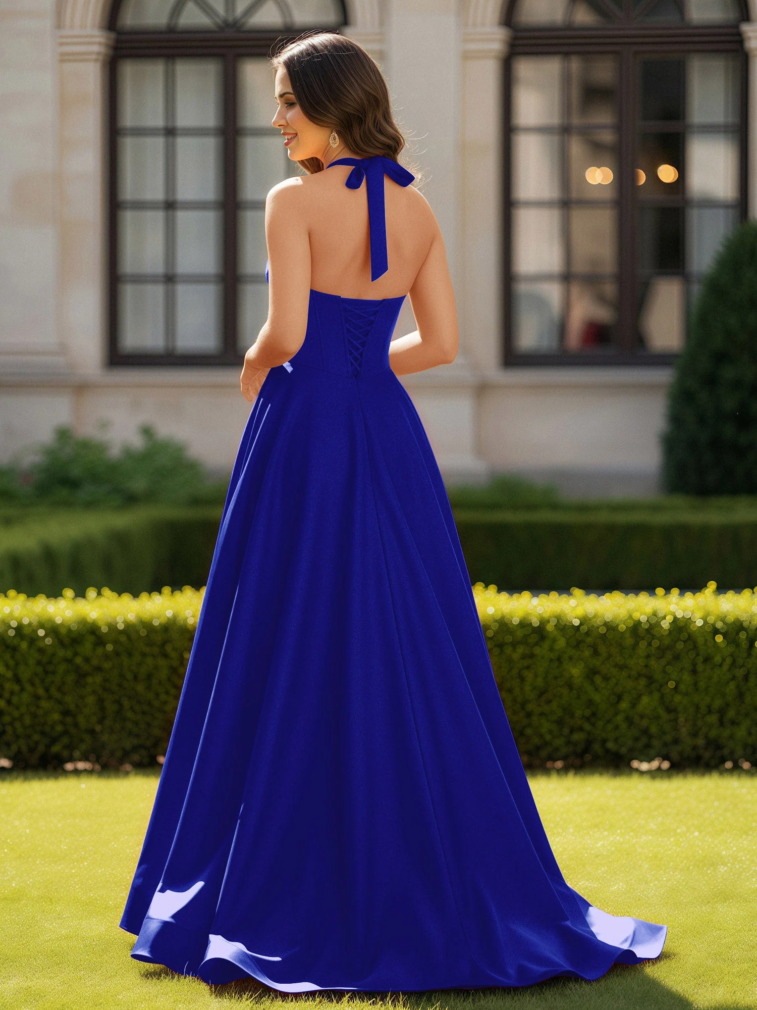 Halshalter Ausschnitt Ärmellos Satin Elegant Ballkleid Königsblau - Image 2