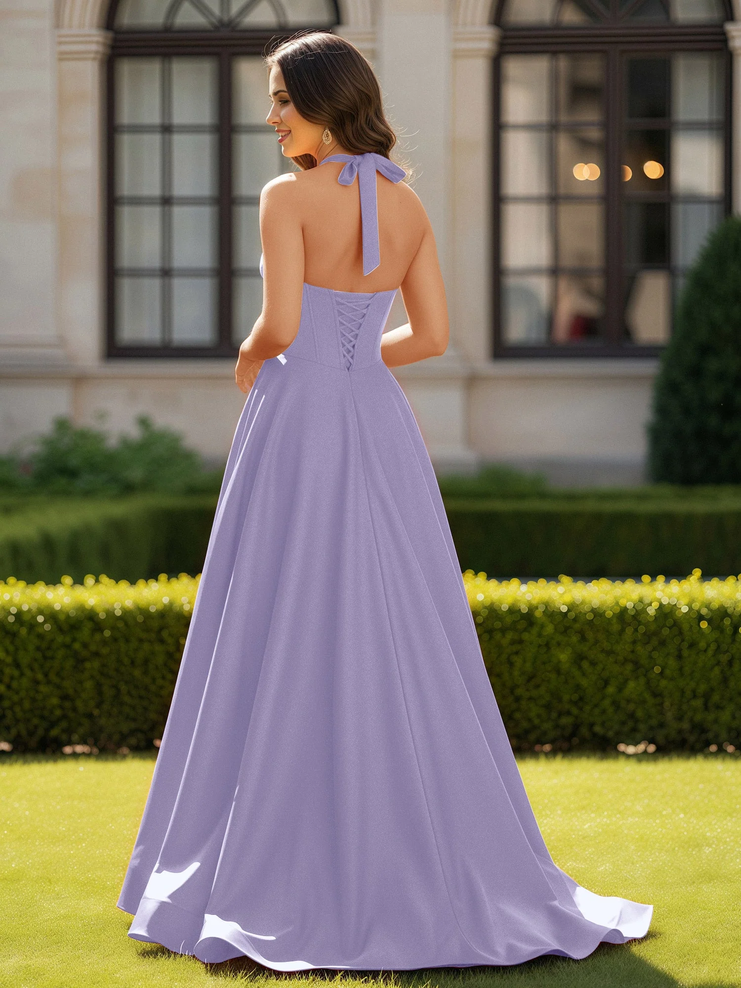 Halshalter Ausschnitt Ärmellos Satin Elegant Ballkleid Lavendel - Image 2