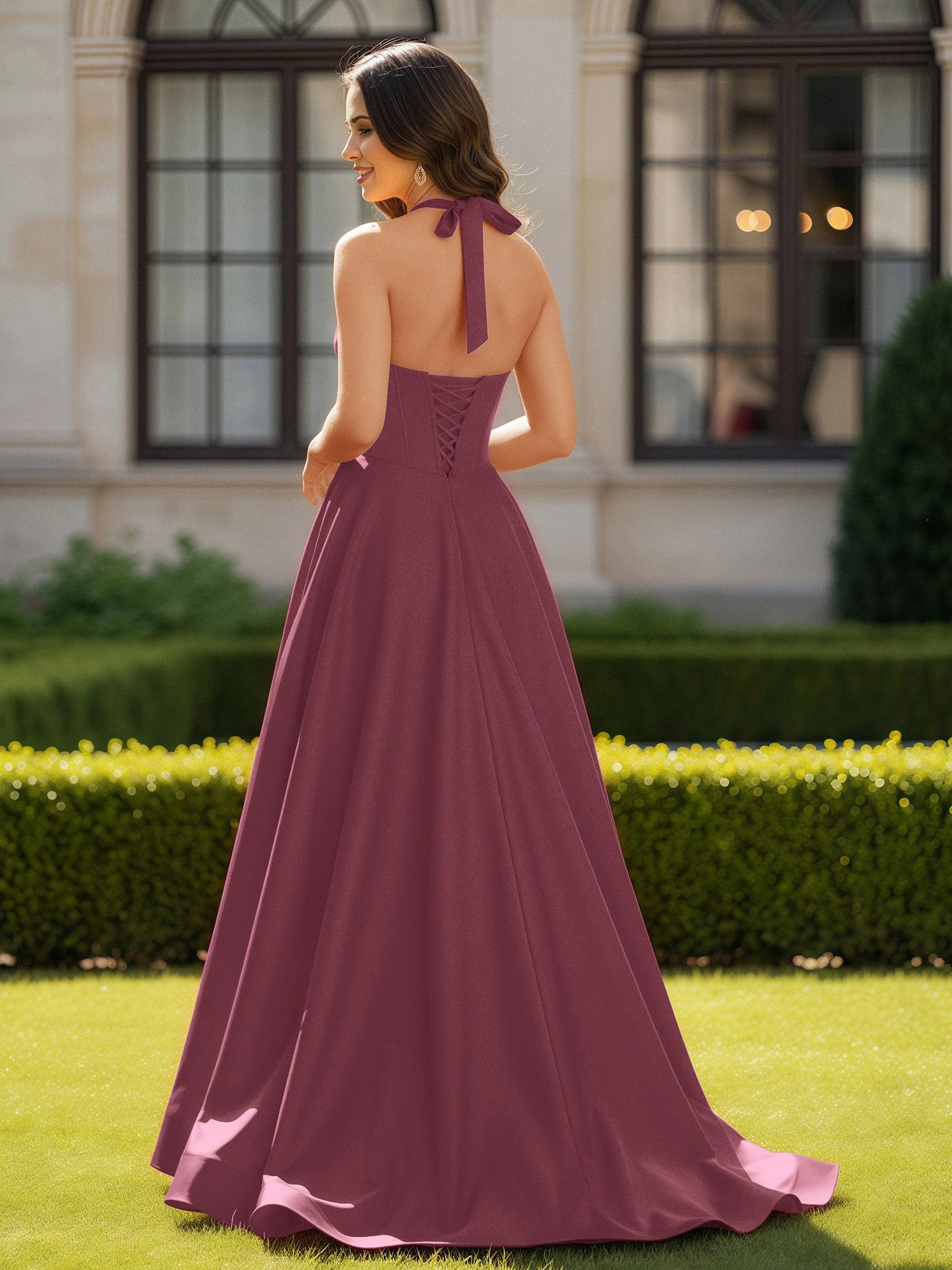 Halshalter Ausschnitt Ärmellos Satin Elegant Ballkleid Maulbeere - Image 2