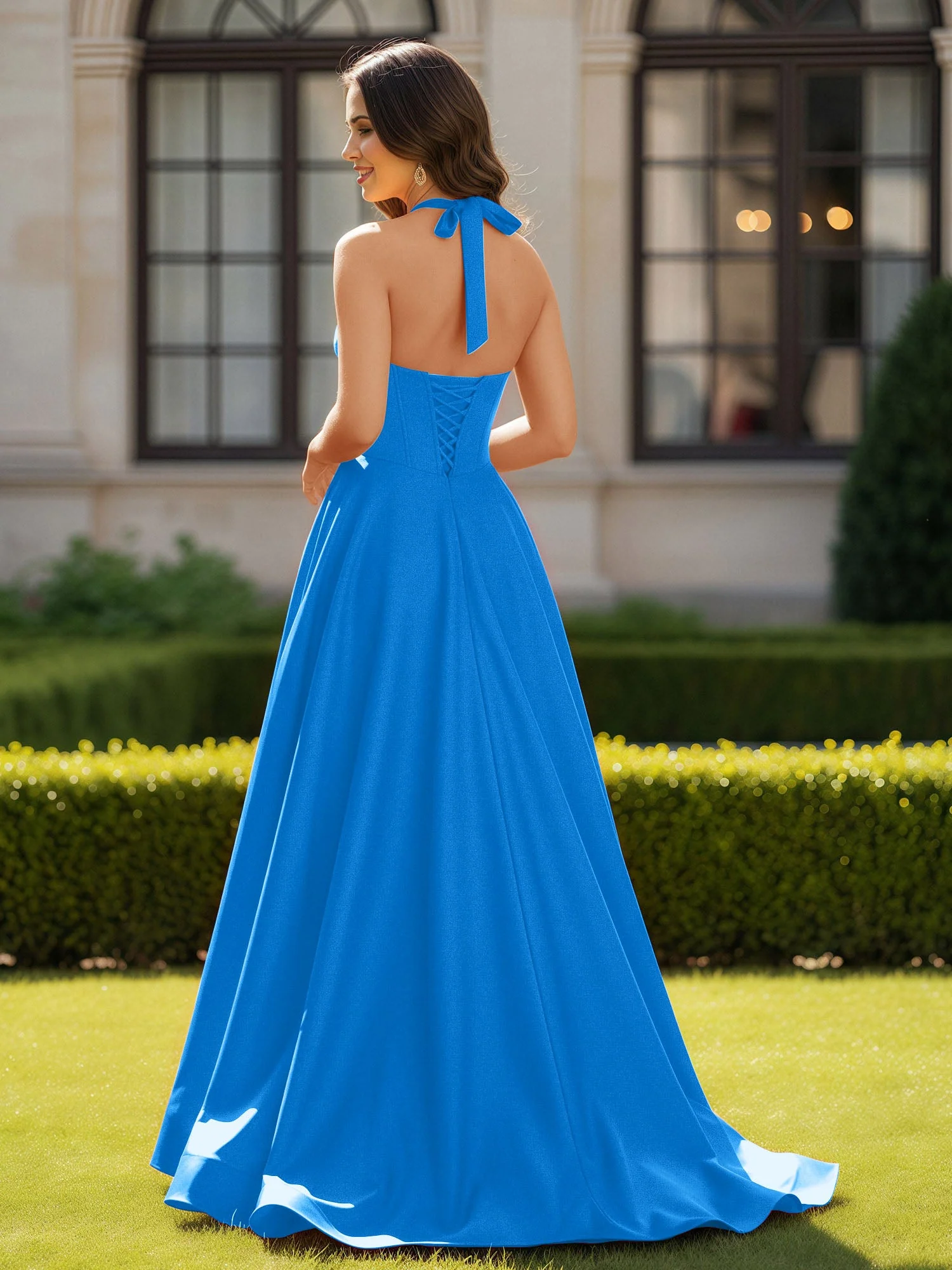 Halshalter Ausschnitt Ärmellos Satin Elegant Ballkleid Meerblau - Image 2