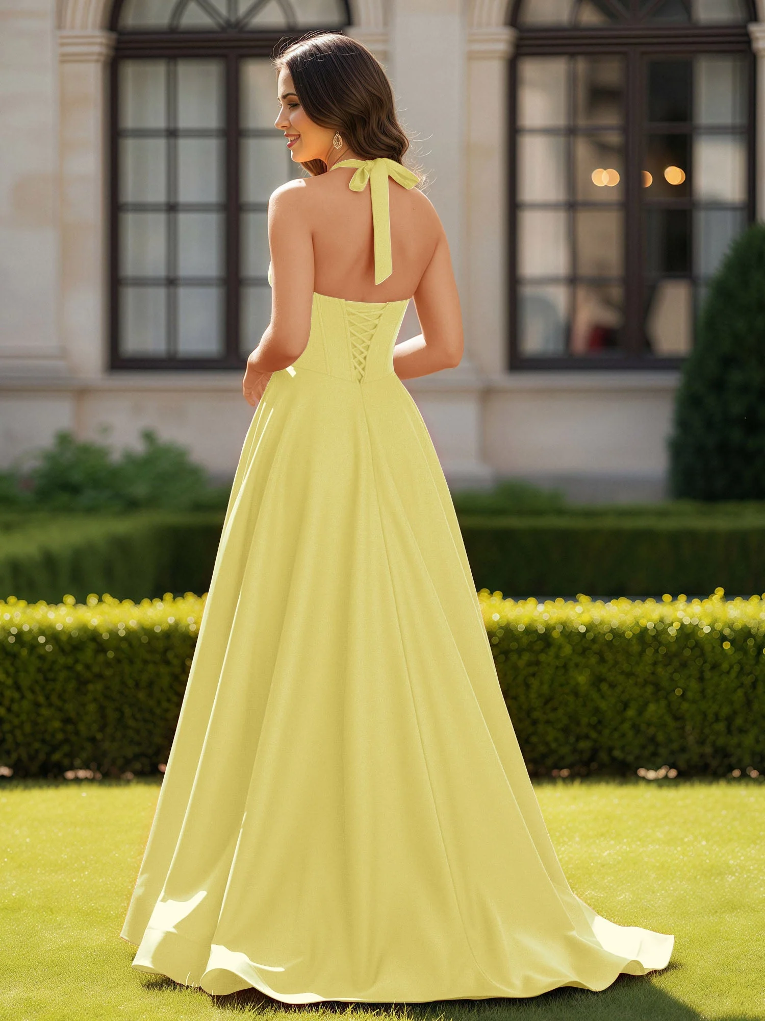 Halshalter Ausschnitt Ärmellos Satin Elegant Ballkleid Narzisse - Image 2
