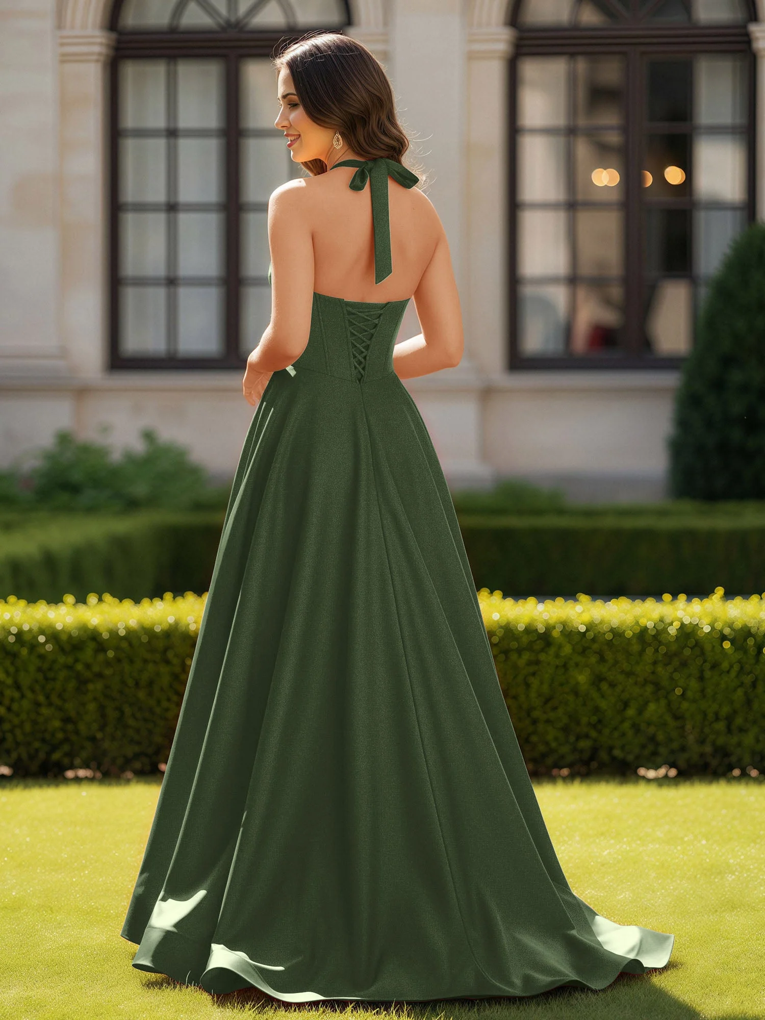 Halshalter Ausschnitt Ärmellos Satin Elegant Ballkleid Olivgrün - Image 2