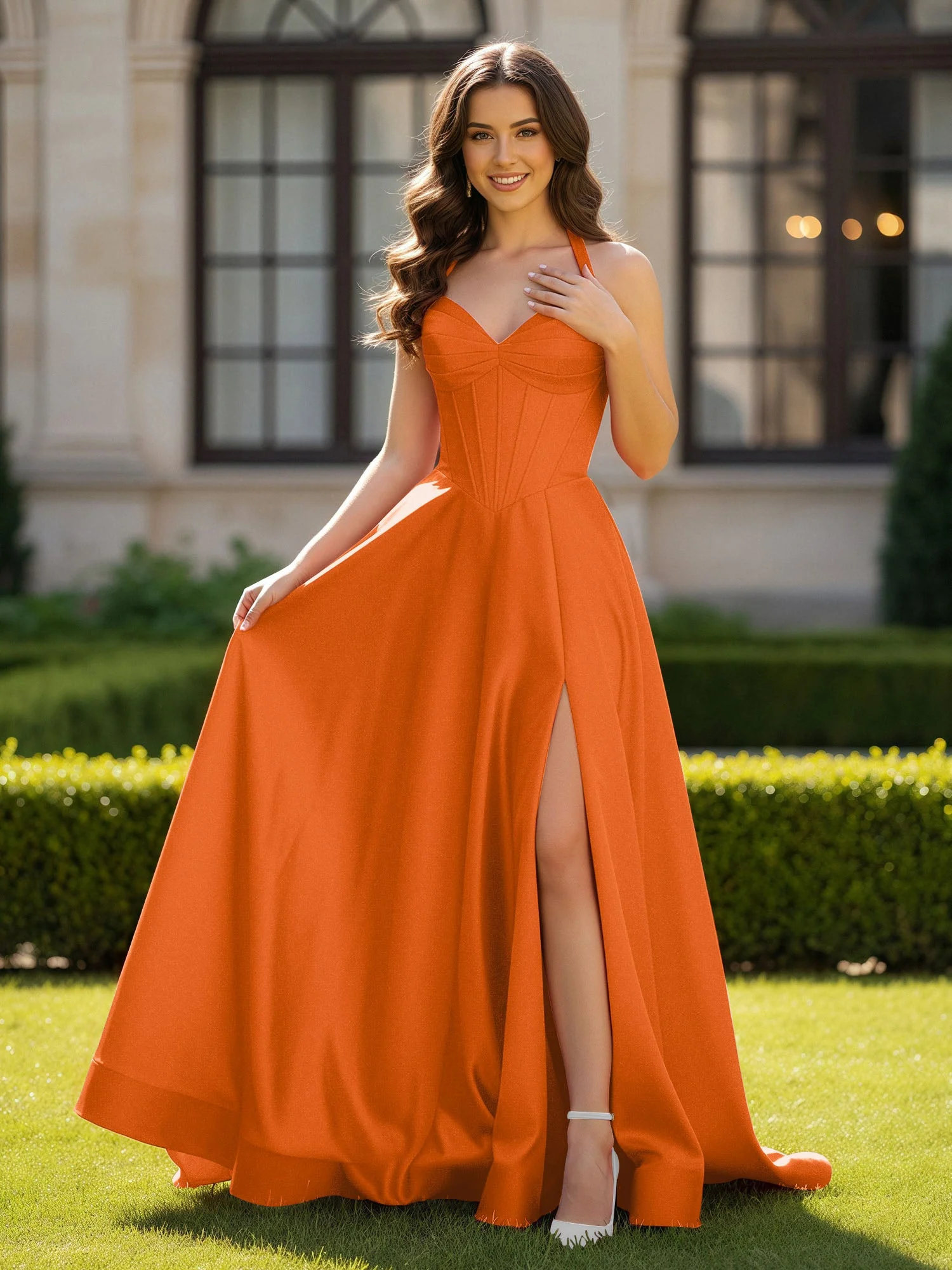 Halshalter Ausschnitt Ärmellos Satin Elegant Ballkleid Orange