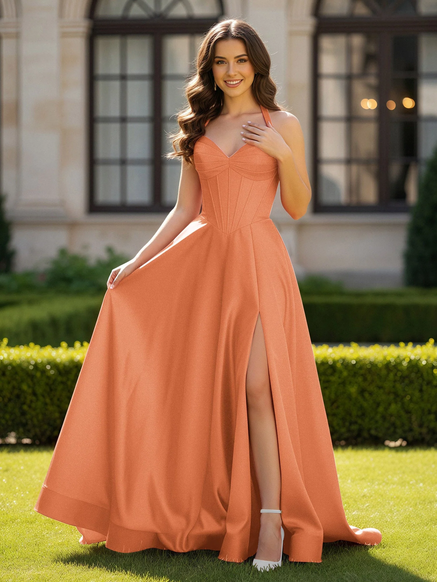 Halshalter Ausschnitt Ärmellos Satin Elegant Ballkleid Papaya