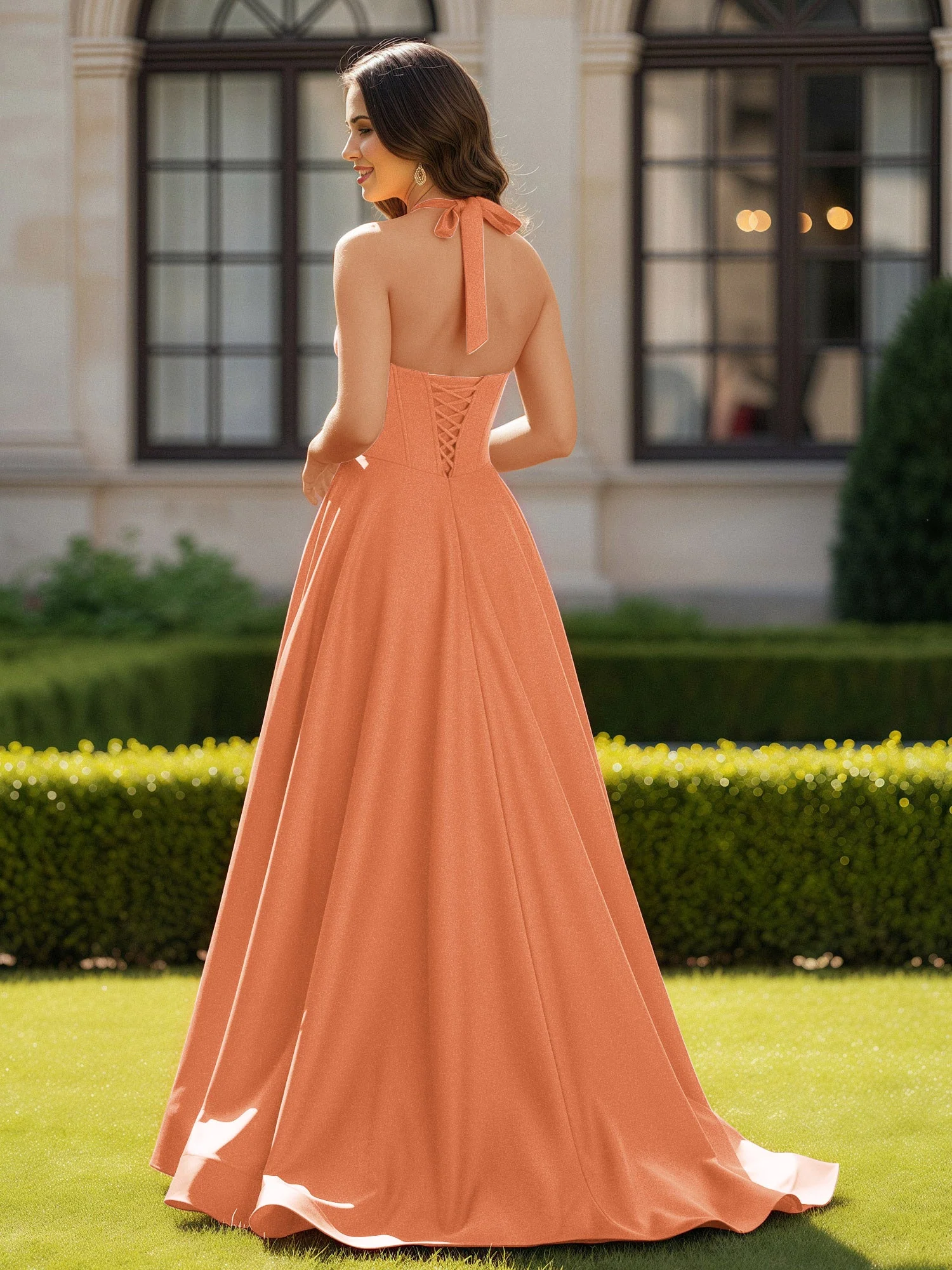 Halshalter Ausschnitt Ärmellos Satin Elegant Ballkleid Papaya - Image 2