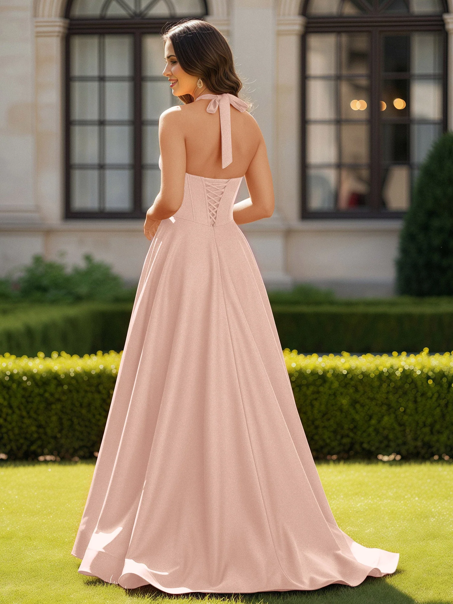 Halshalter Ausschnitt Ärmellos Satin Elegant Ballkleid Perlrosa - Image 2