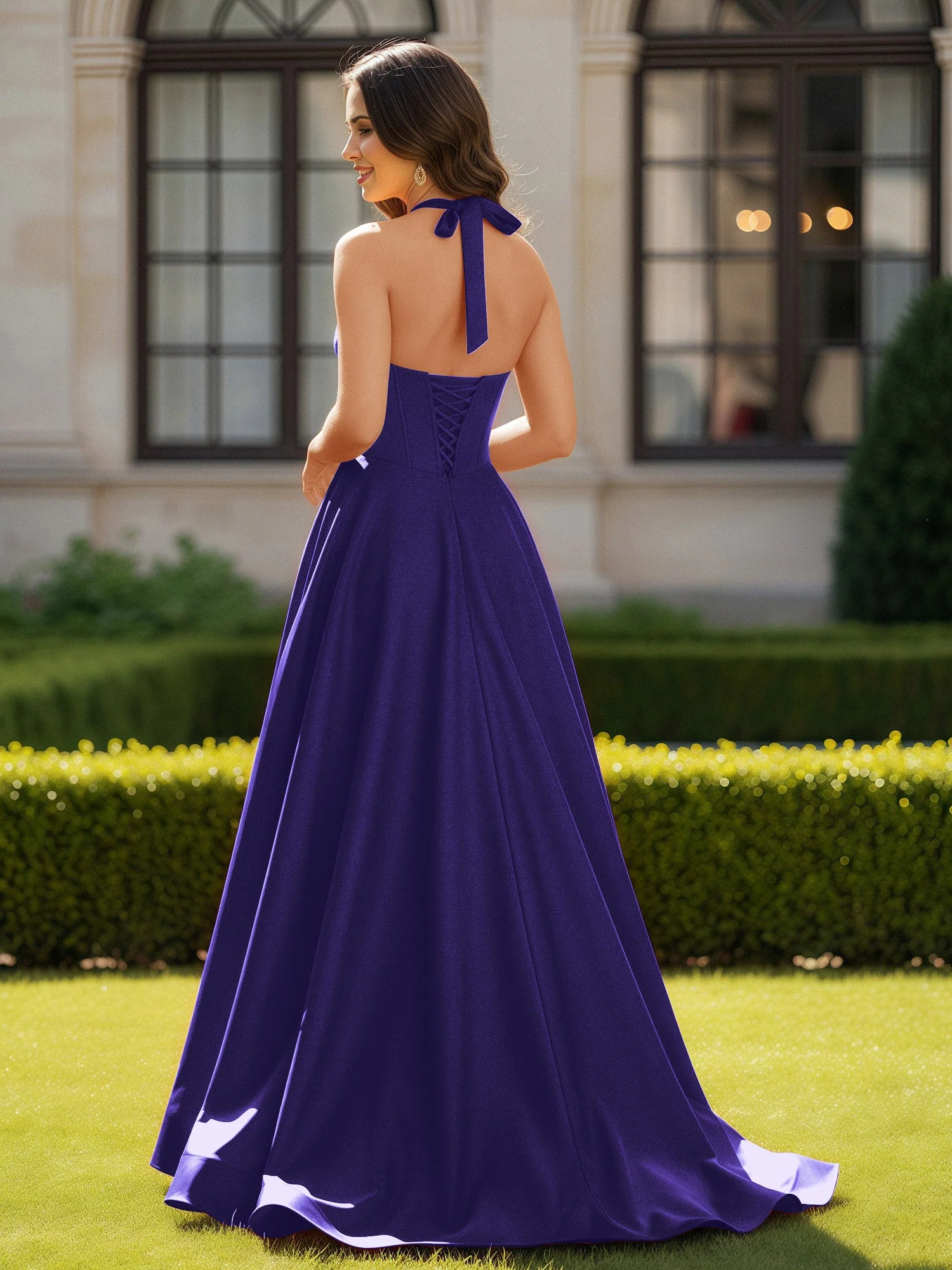 Halshalter Ausschnitt Ärmellos Satin Elegant Ballkleid Regentschaft - Image 2