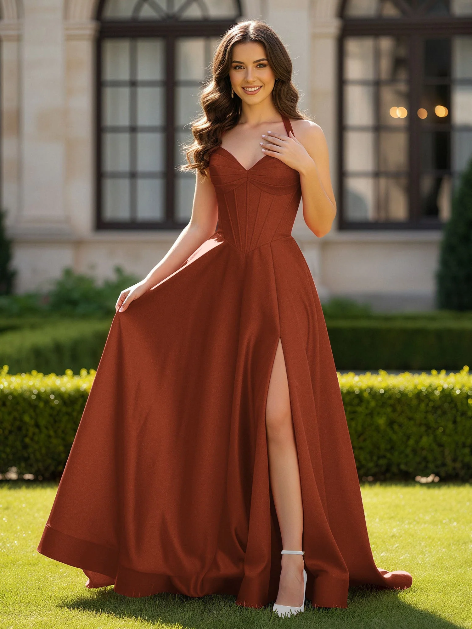Halshalter Ausschnitt Ärmellos Satin Elegant Ballkleid Rost