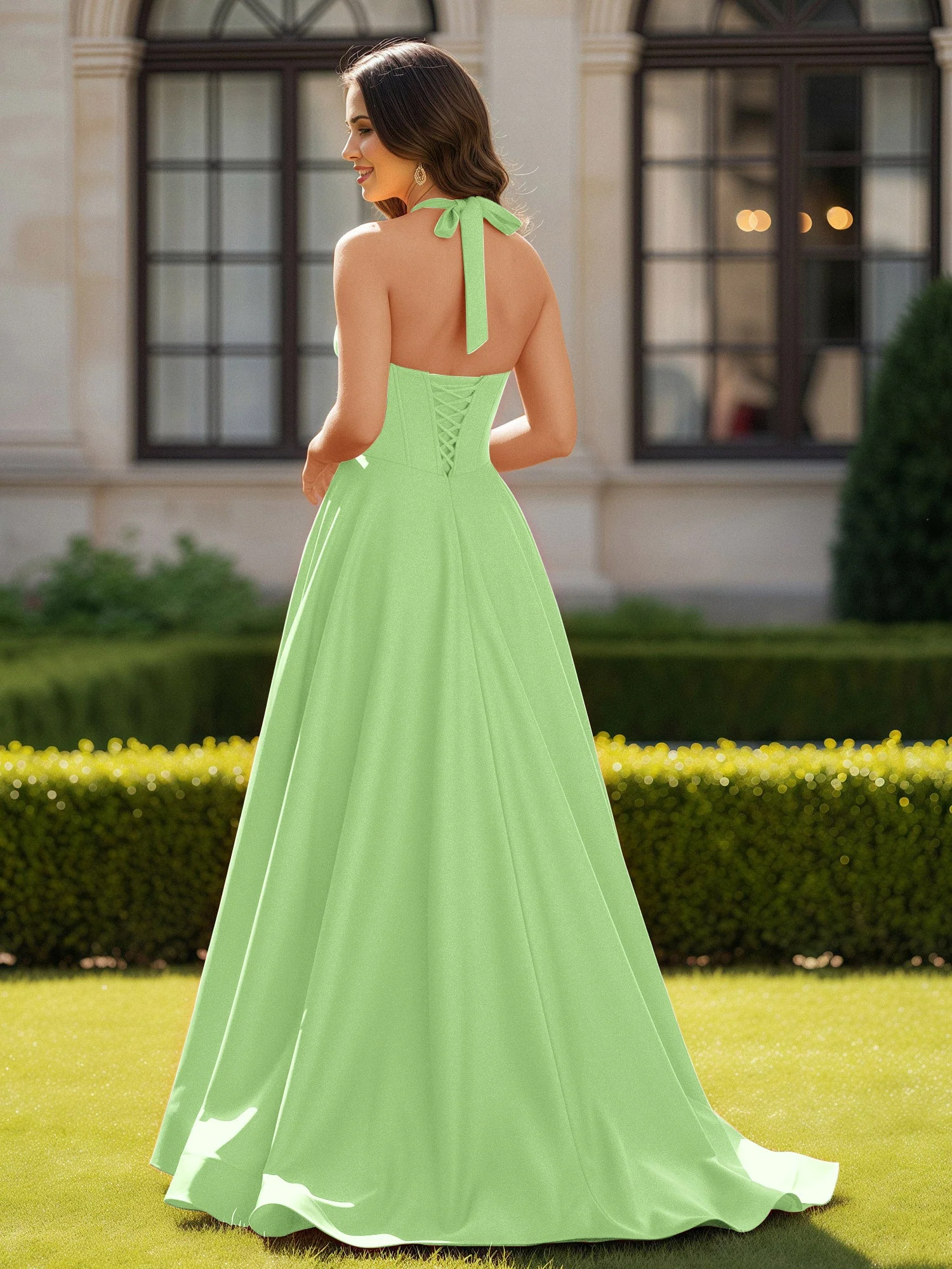 Halshalter Ausschnitt Ärmellos Satin Elegant Ballkleid Salbei - Image 2