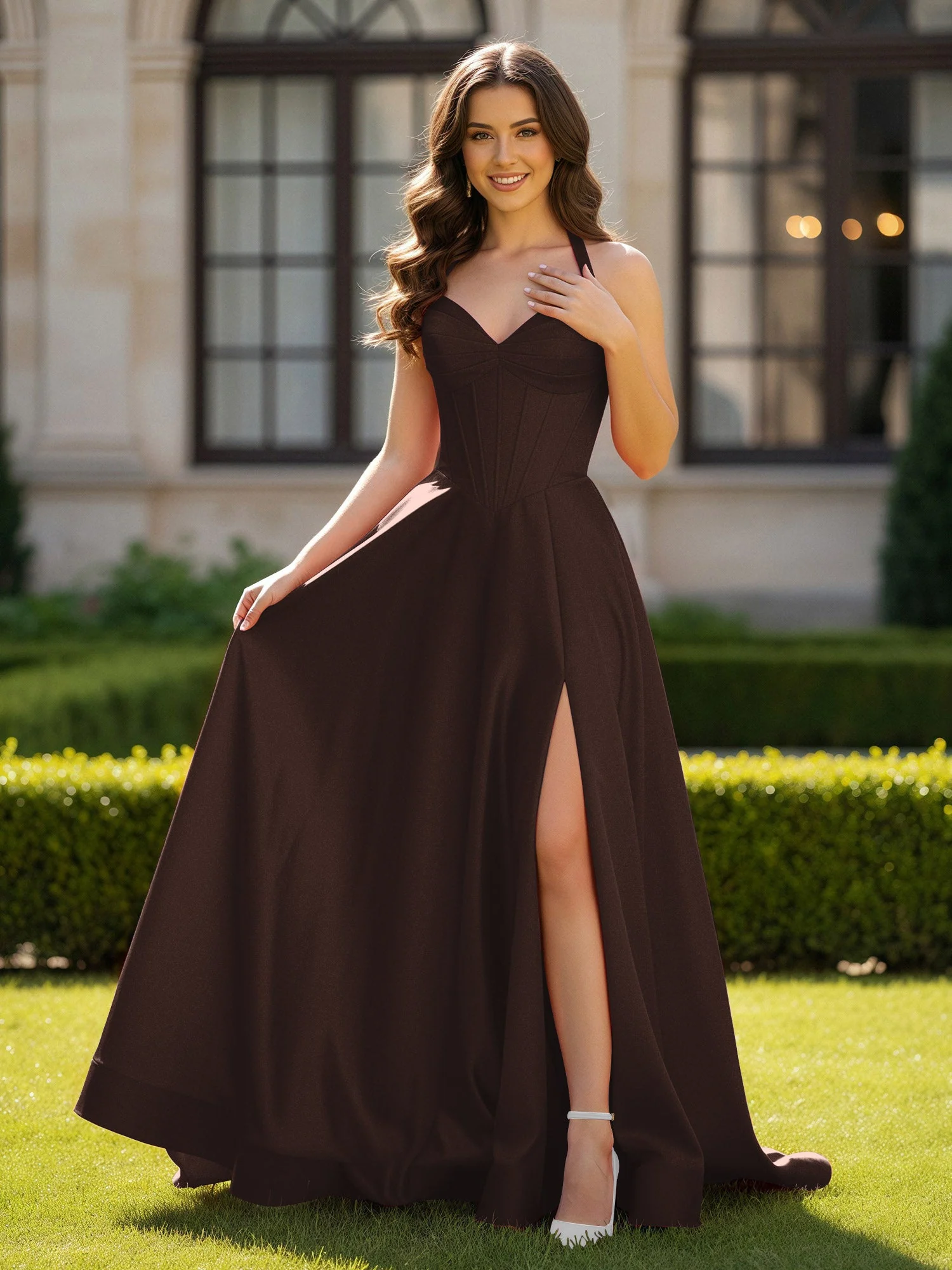 Halshalter Ausschnitt Ärmellos Satin Elegant Ballkleid Schokolade