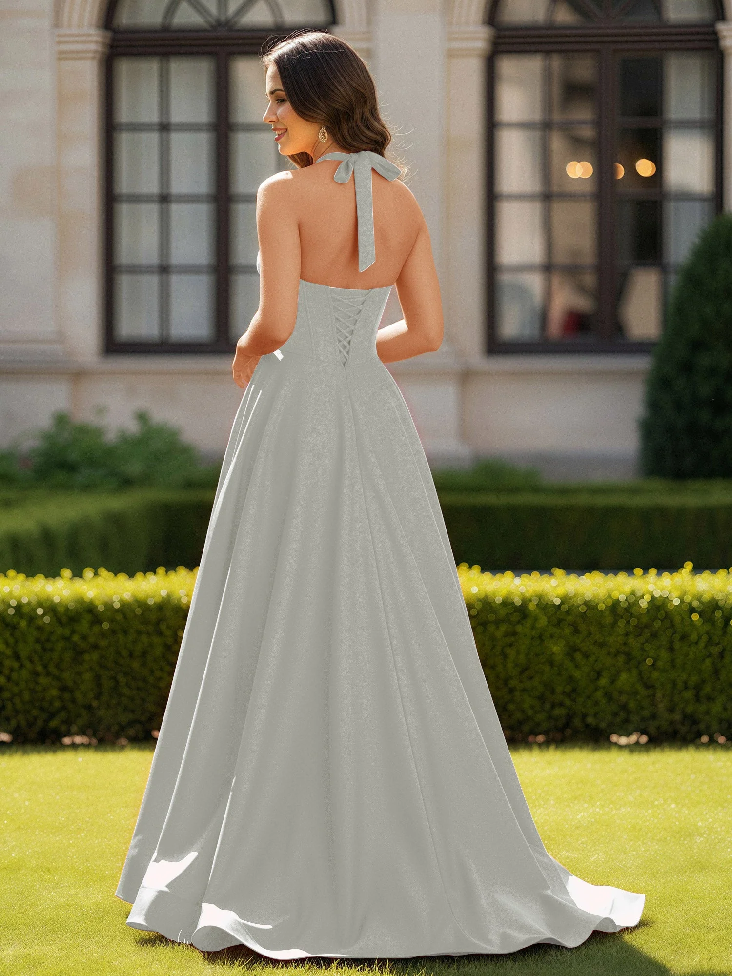 Halshalter Ausschnitt Ärmellos Satin Elegant Ballkleid Silber - Image 2
