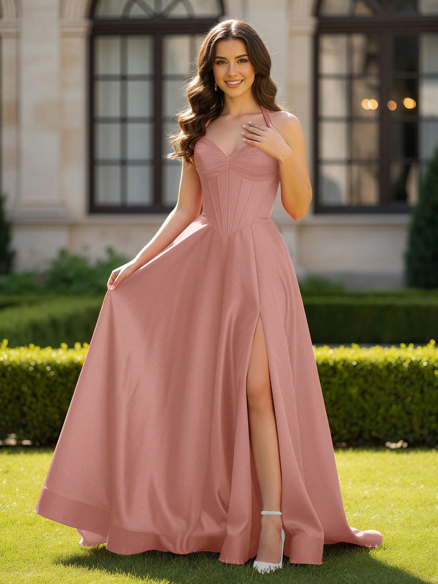 Halshalter Ausschnitt Ärmellos Satin Elegant Ballkleid Staubige Rosa