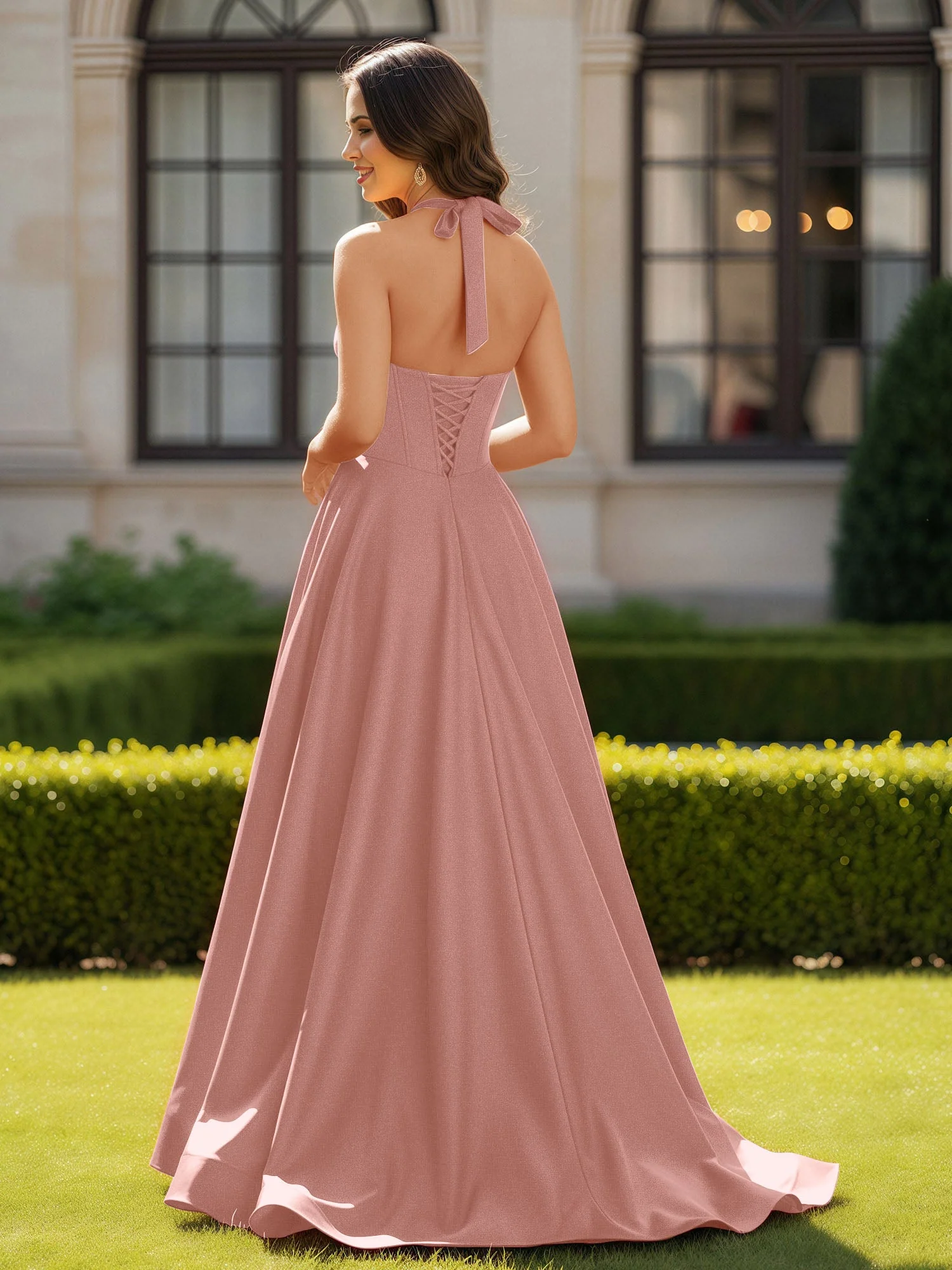 Halshalter Ausschnitt Ärmellos Satin Elegant Ballkleid Staubige Rosa - Image 2