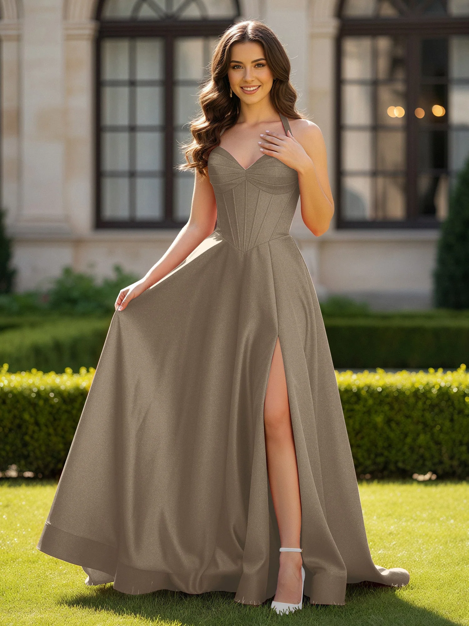 Halshalter Ausschnitt Ärmellos Satin Elegant Ballkleid Taupe