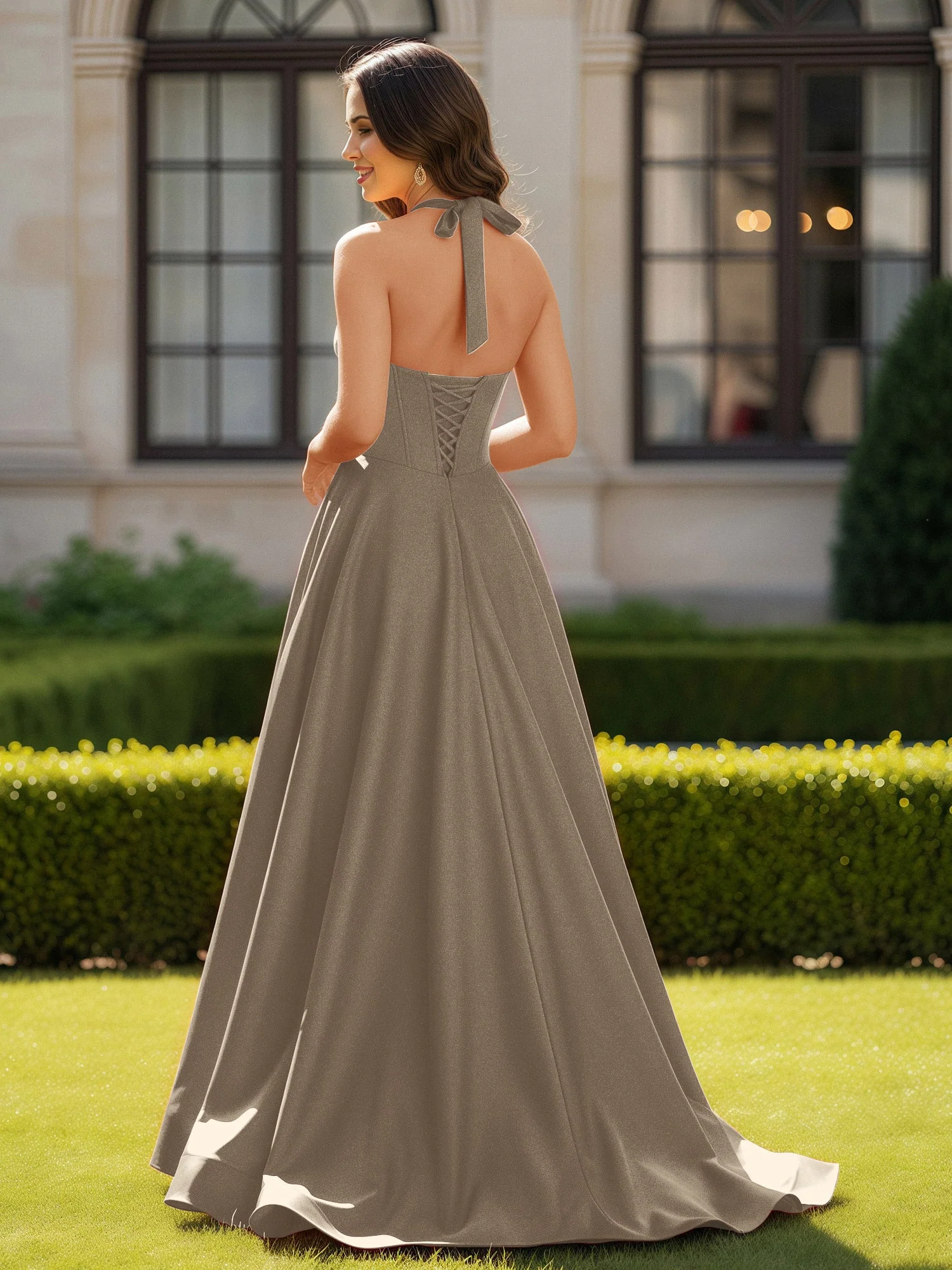 Halshalter Ausschnitt Ärmellos Satin Elegant Ballkleid Taupe - Image 2
