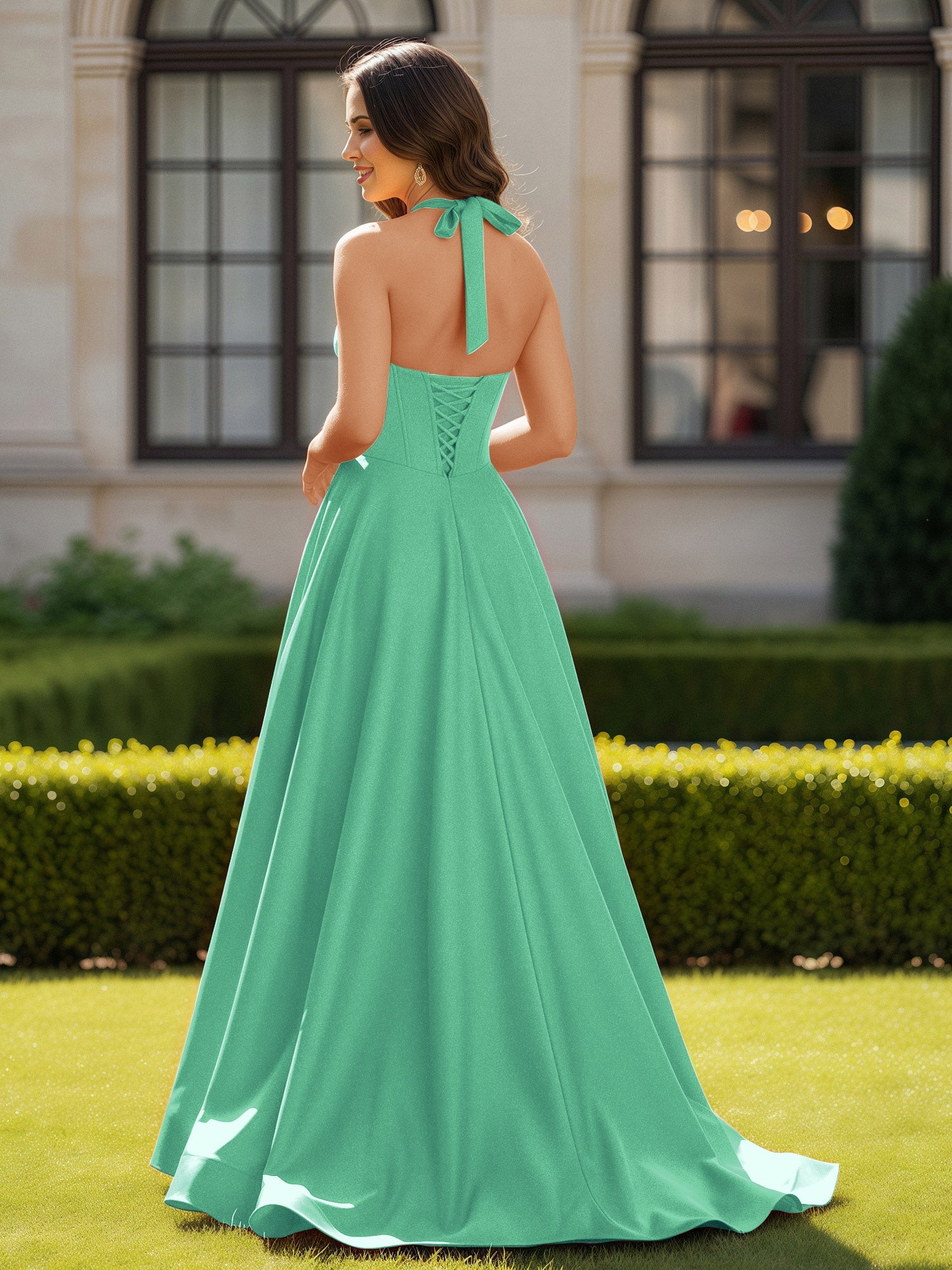 Halshalter Ausschnitt Ärmellos Satin Elegant Ballkleid Türkis - Image 2