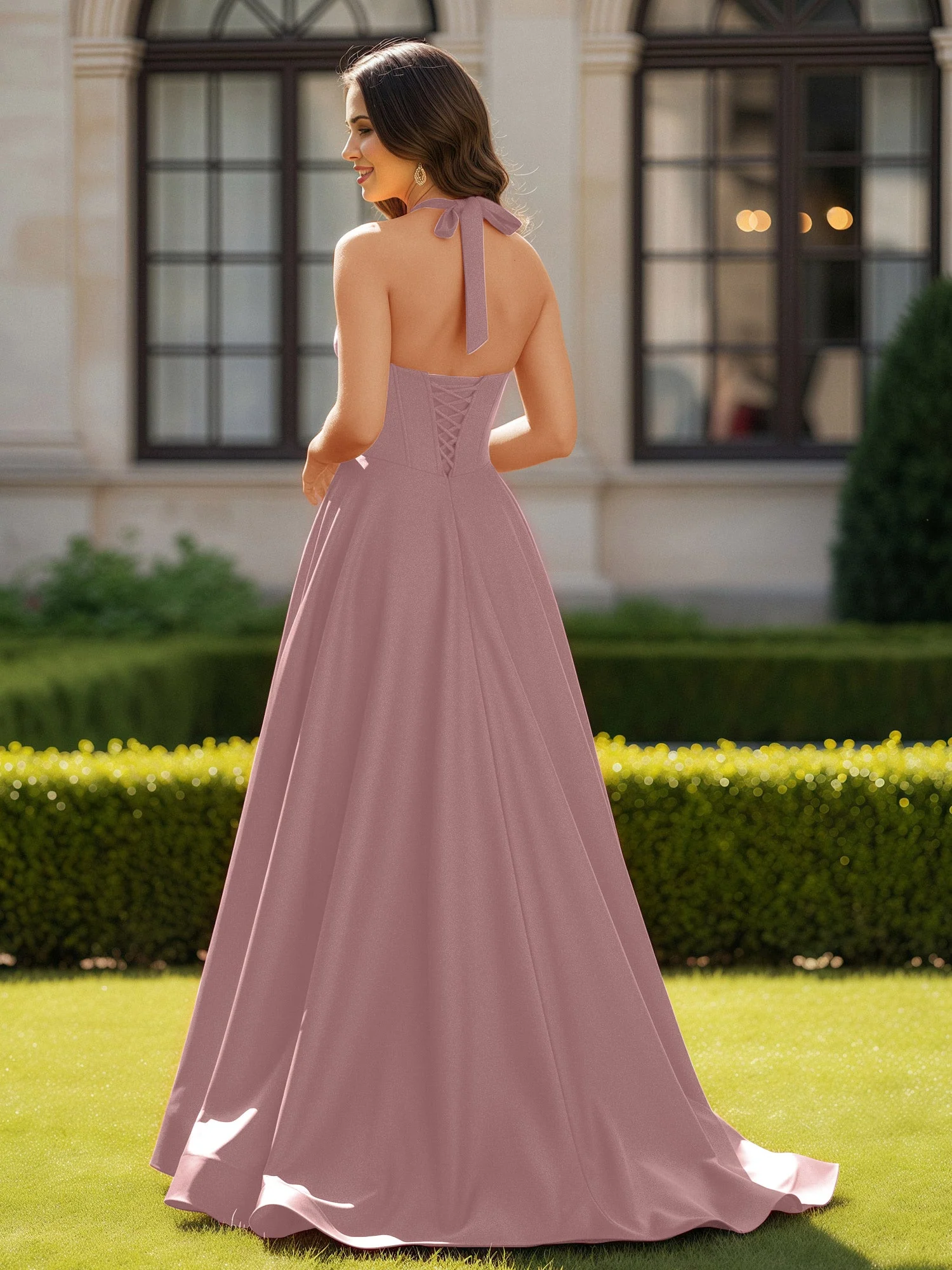 Halshalter Ausschnitt Ärmellos Satin Elegant Ballkleid Vintage Mauve - Image 2